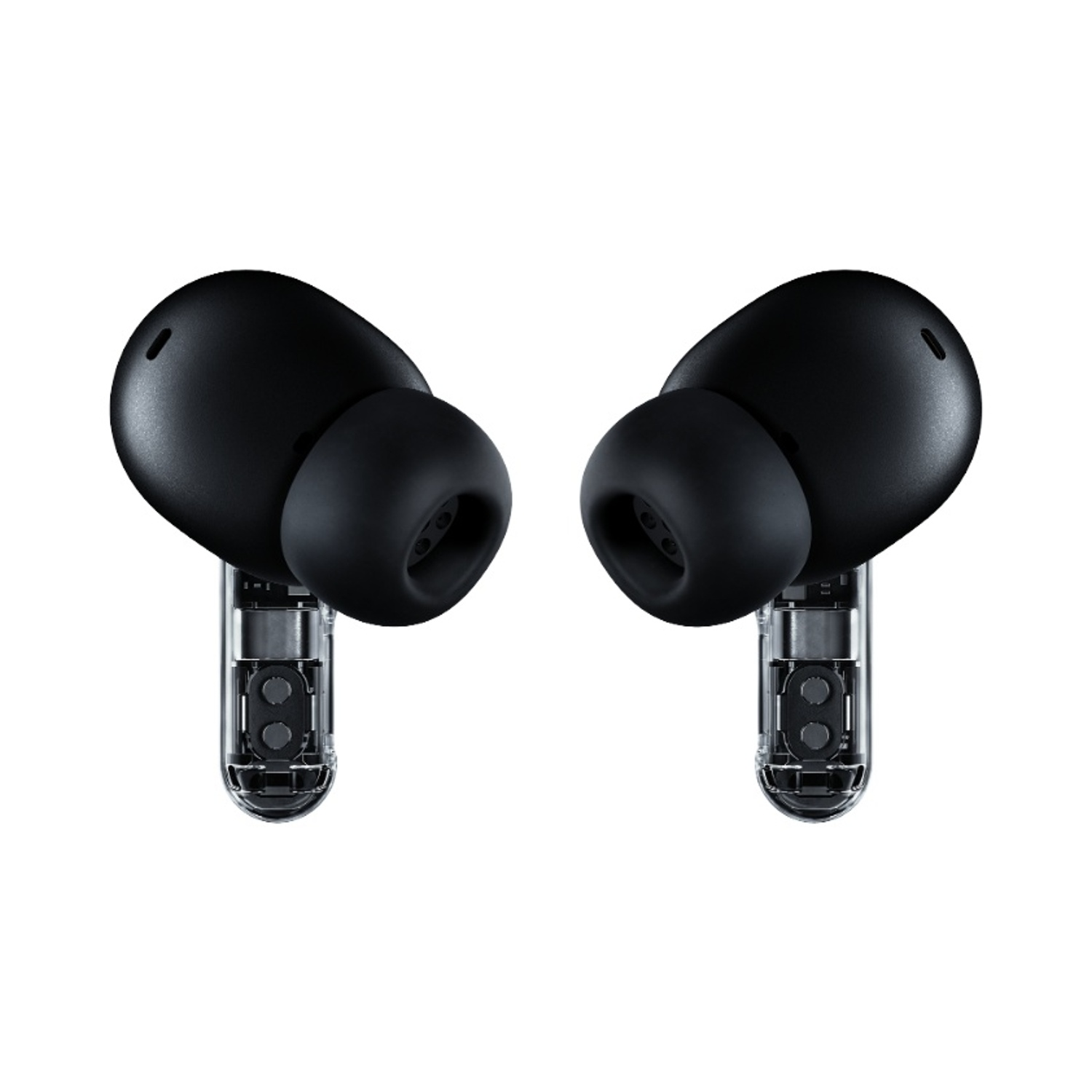 Due auricolari wireless neri con steli trasparenti che mostrano i componenti interni.