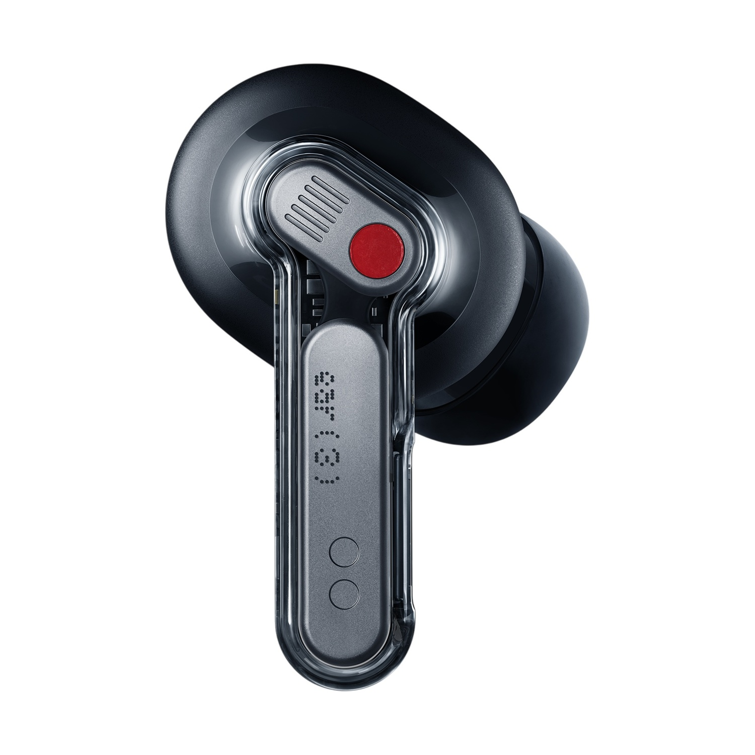Un auricolare trasparente con dettaglio nero e pulsante rosso.