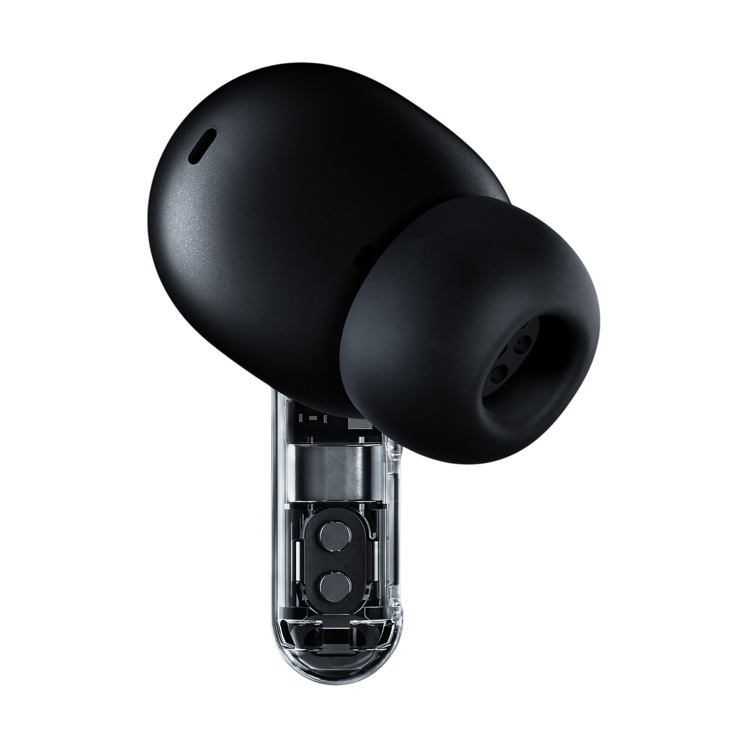 Un auricolare wireless nero con stelo trasparente che mostra i componenti interni.