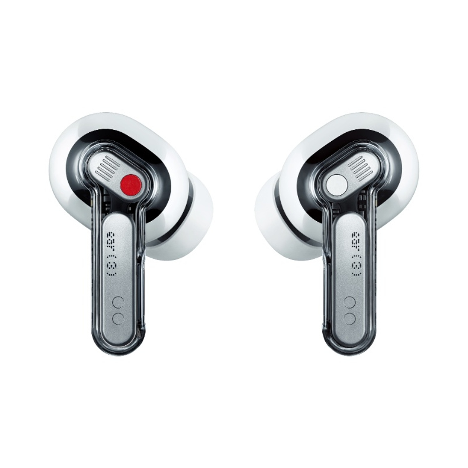 Due auricolari wireless bianchi con steli trasparenti su sfondo bianco.