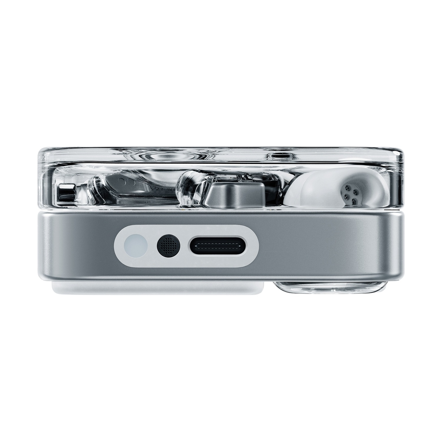 Un auricolare wireless con custodia trasparente e porta USB-C.