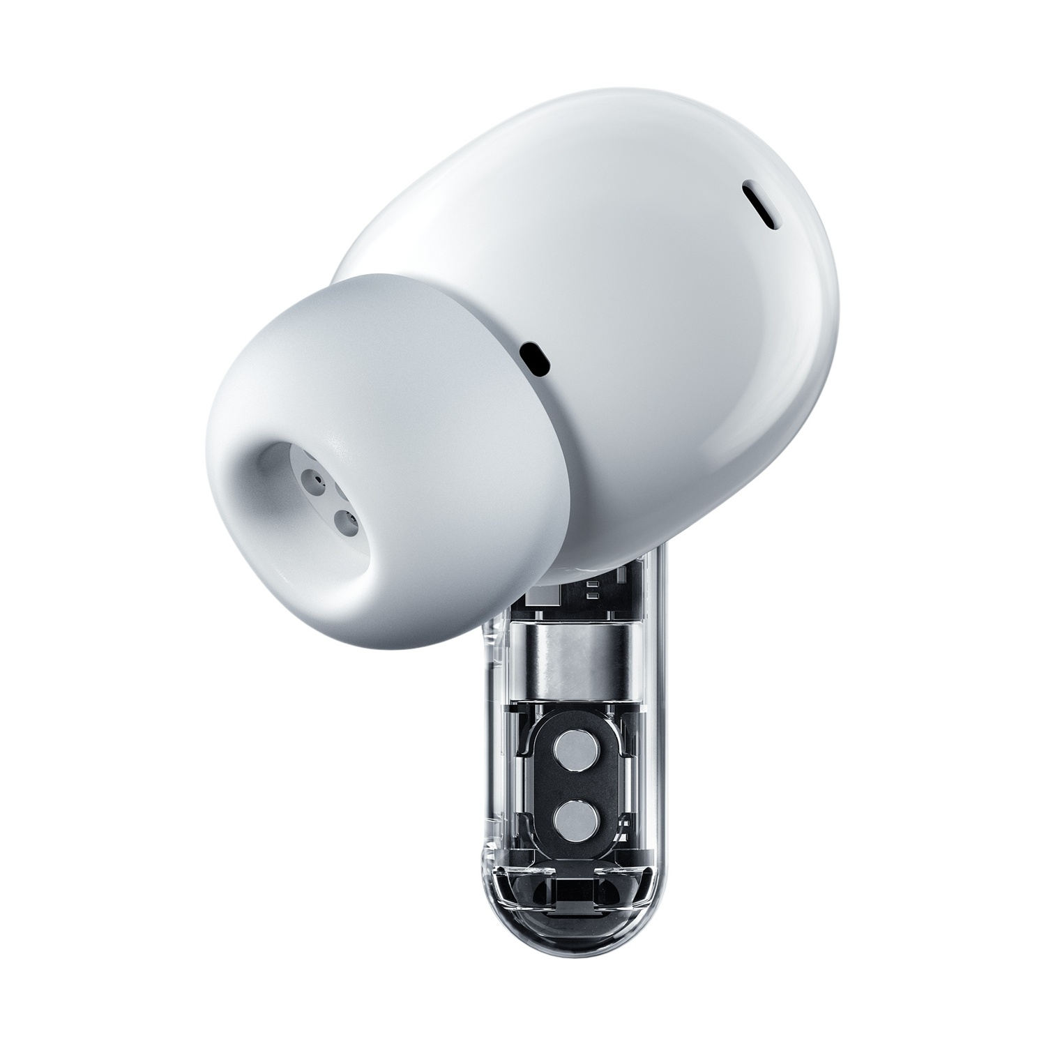 Auricolare bianco con stelo trasparente che rivela componenti interni.