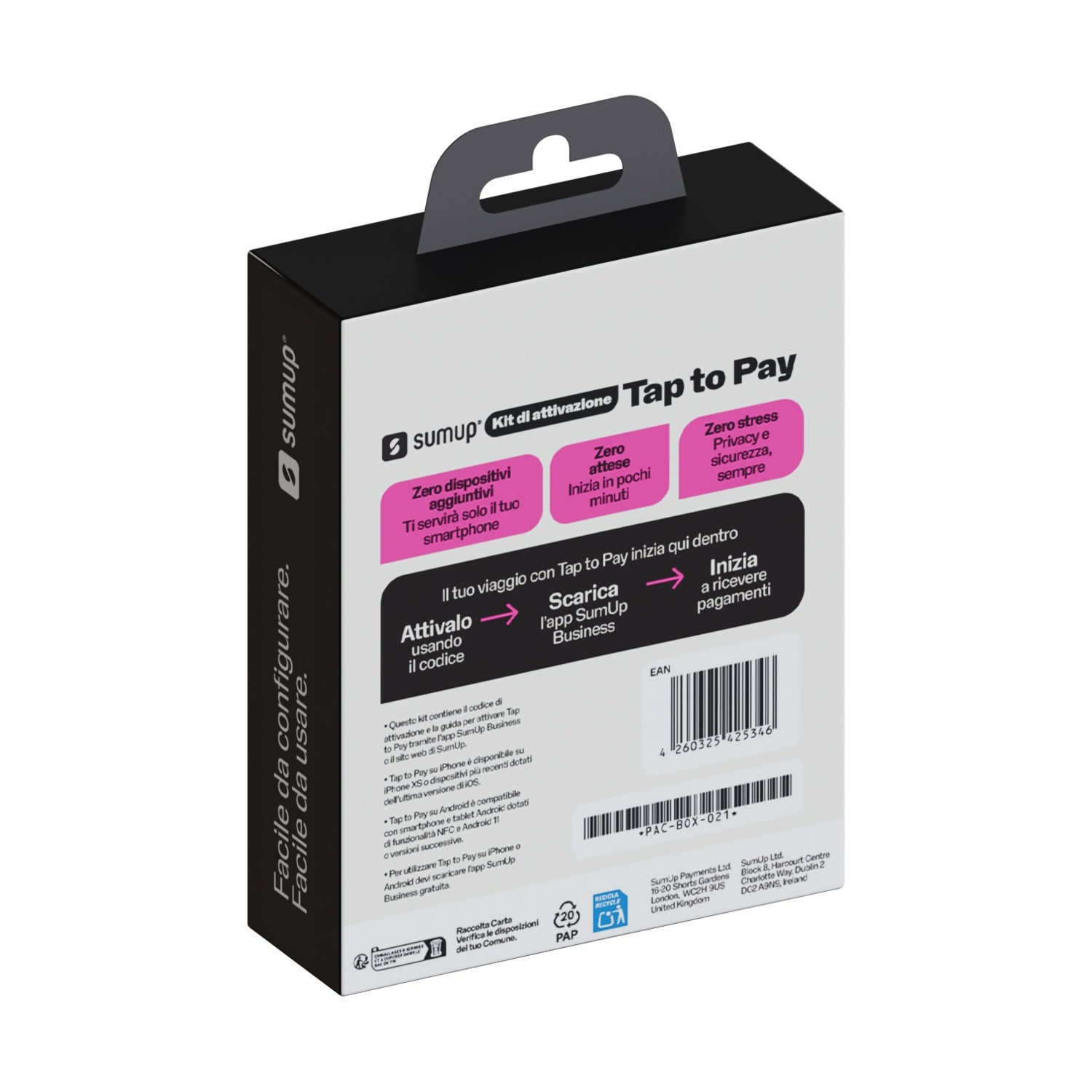 Scatola kit SumUp Tap to Pay, con istruzioni per attivazione e benefici come zero dispositivi.