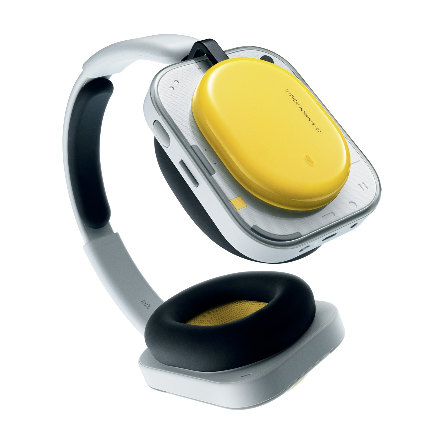 Cuffie bianche con pacco batteria giallo e padiglioni neri.
