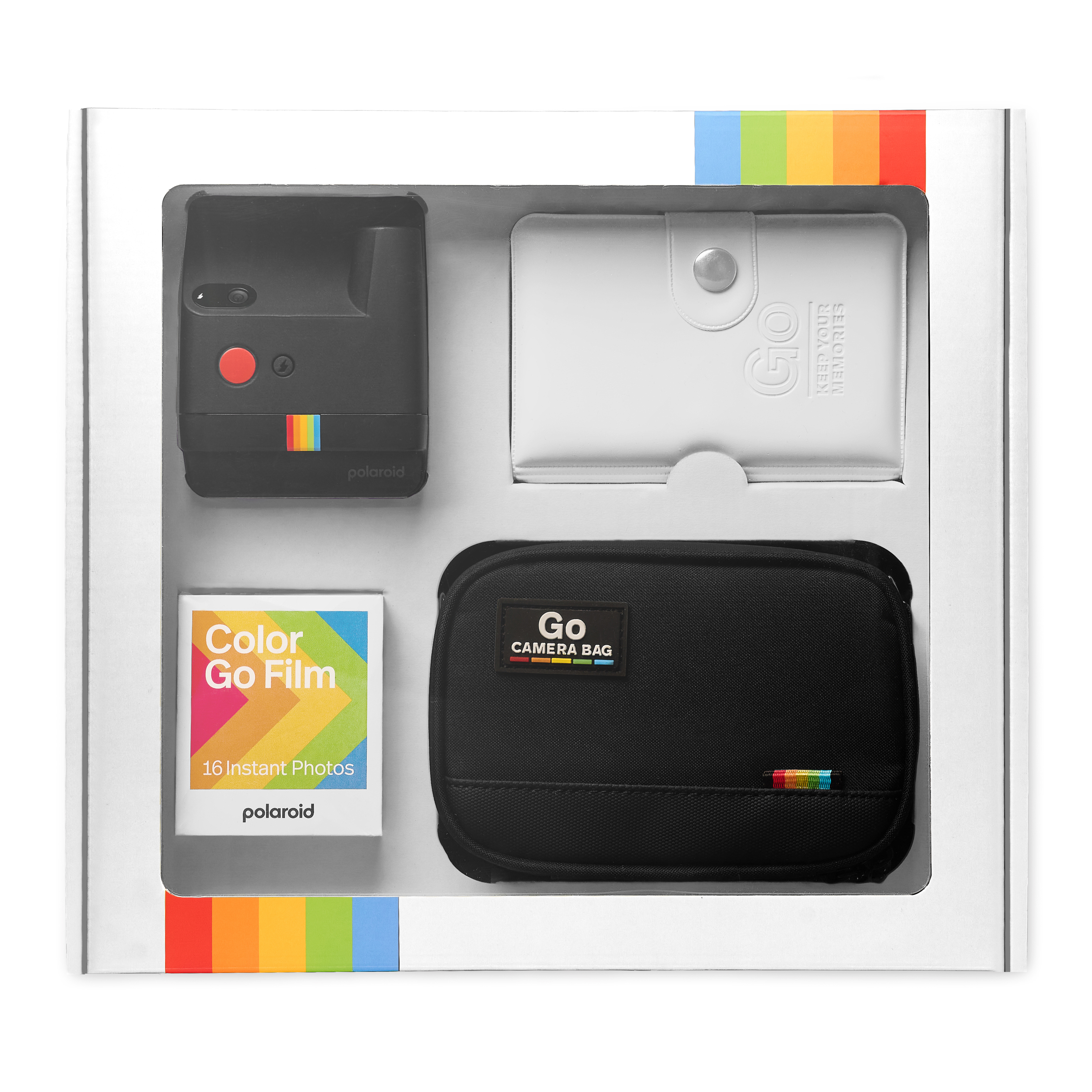 Polaroid Go kamera, beyaz çanta, siyah kamera çantası ve renkli film paketi.