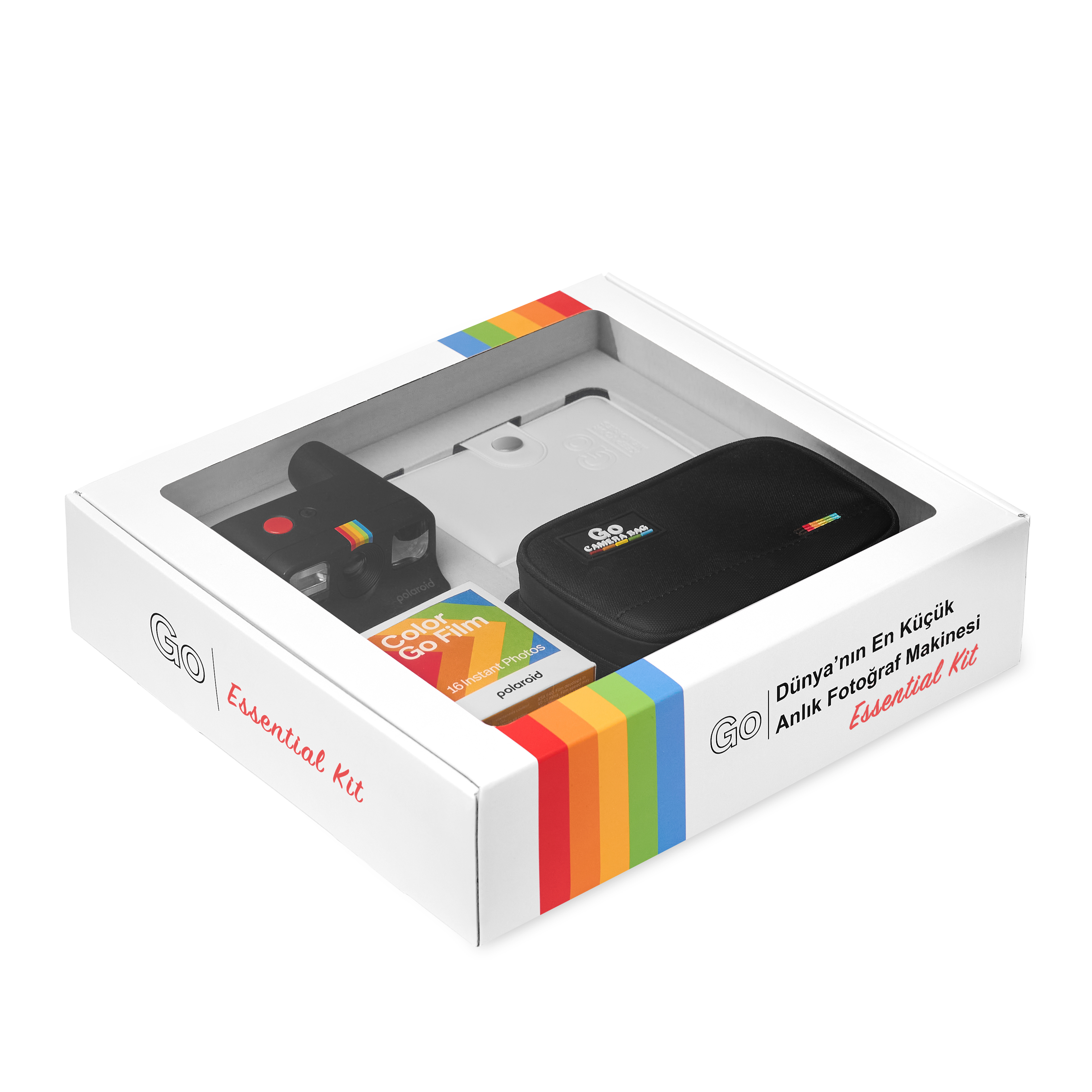 Polaroid Go Essential Kit kamera, çanta ve film içeren.