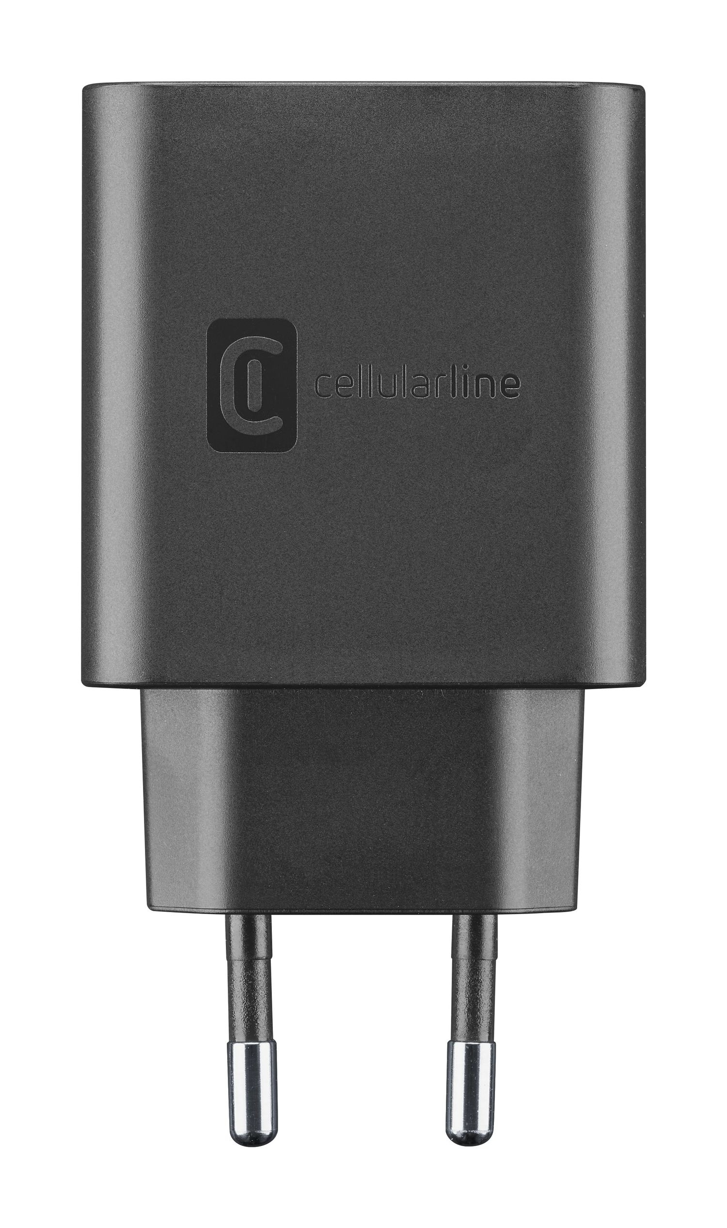 Adaptador de viaje negro con logo y dos clavijas metálicas.
