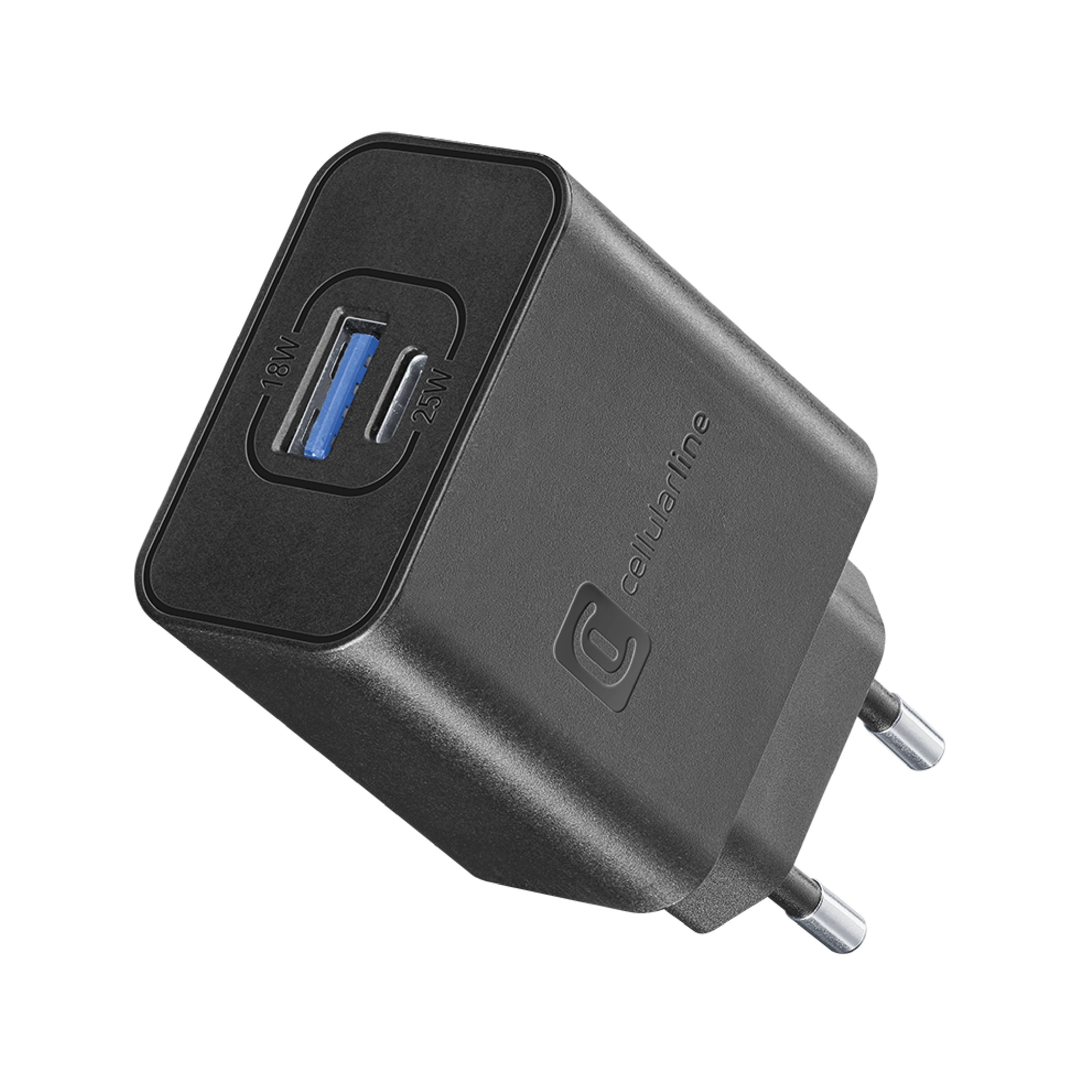 Cargador USB negro con dos puertos: 18W y 25W.