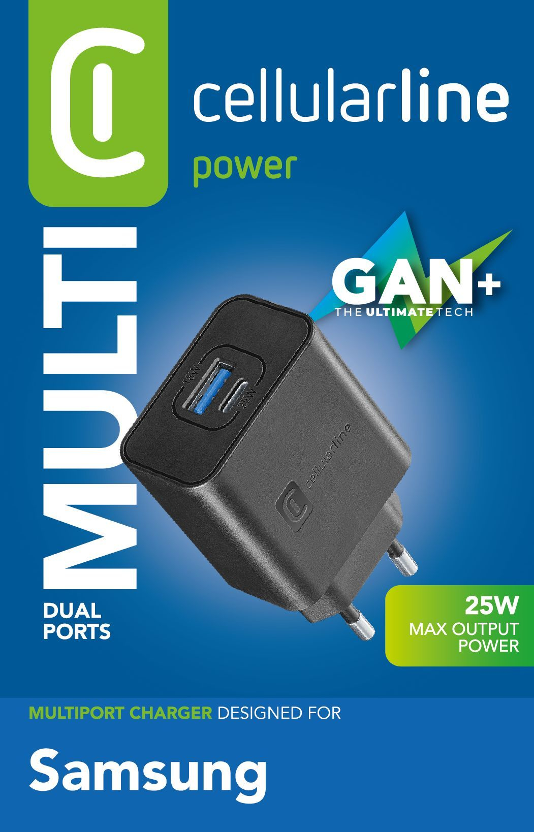 Cargador multiport Cellularline con doble puerto USB, potencia máxima 25W.