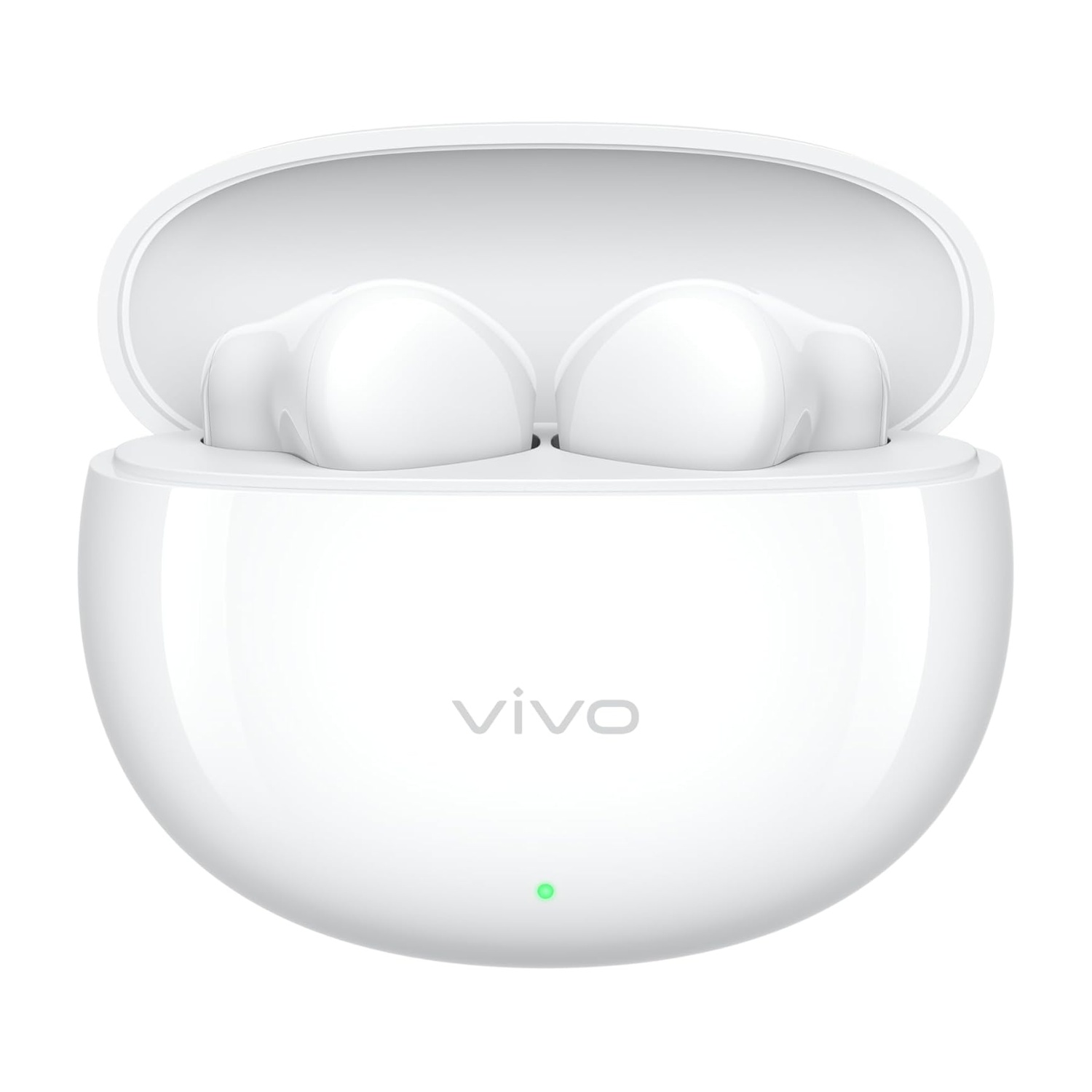 Auricolari wireless bianchi Vivo in un case di ricarica aperto con spia verde.
