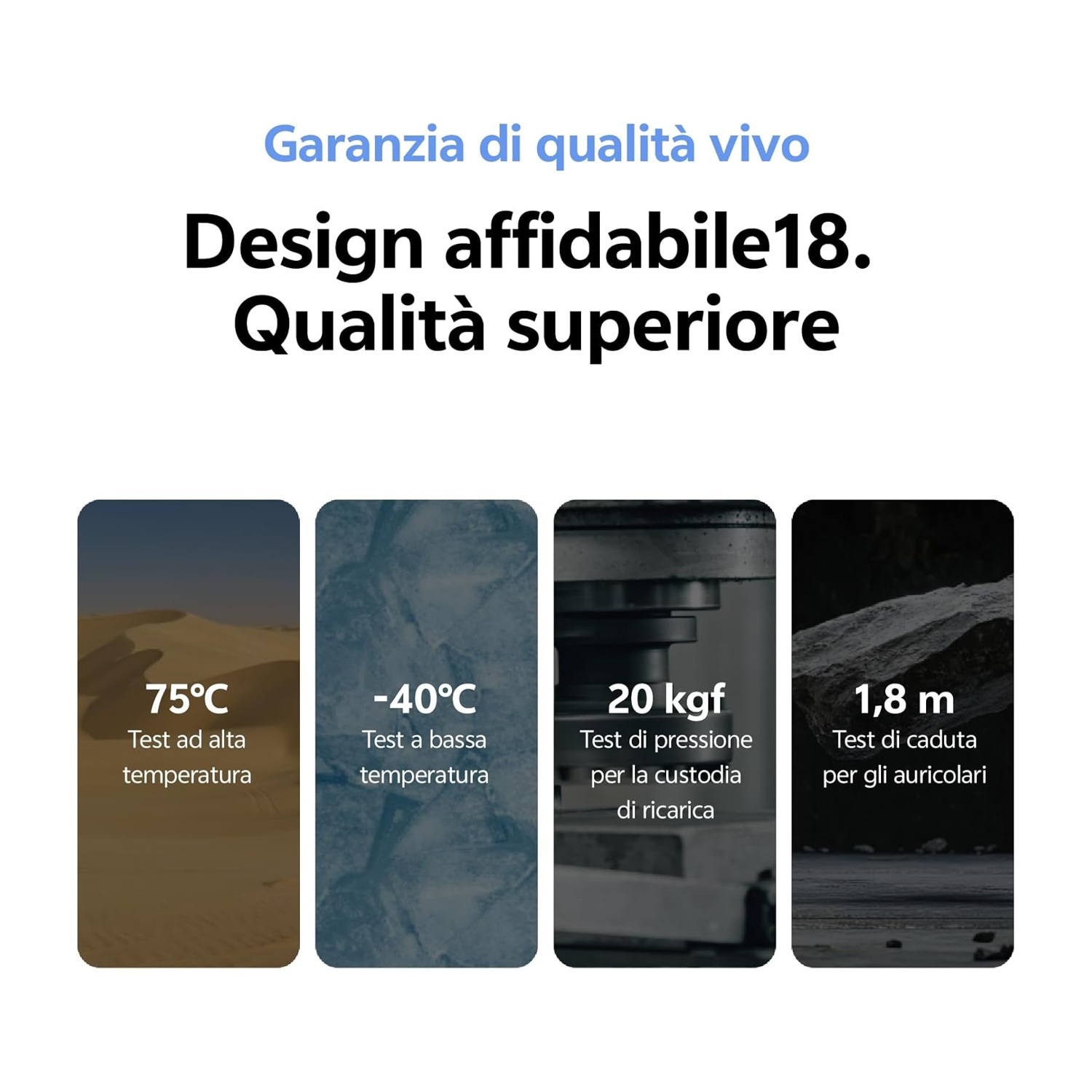 Garanzia qualità Vivo: 75°C alta temp, -40°C bassa temp, 20 kgf pressione, 1,8 m caduta.