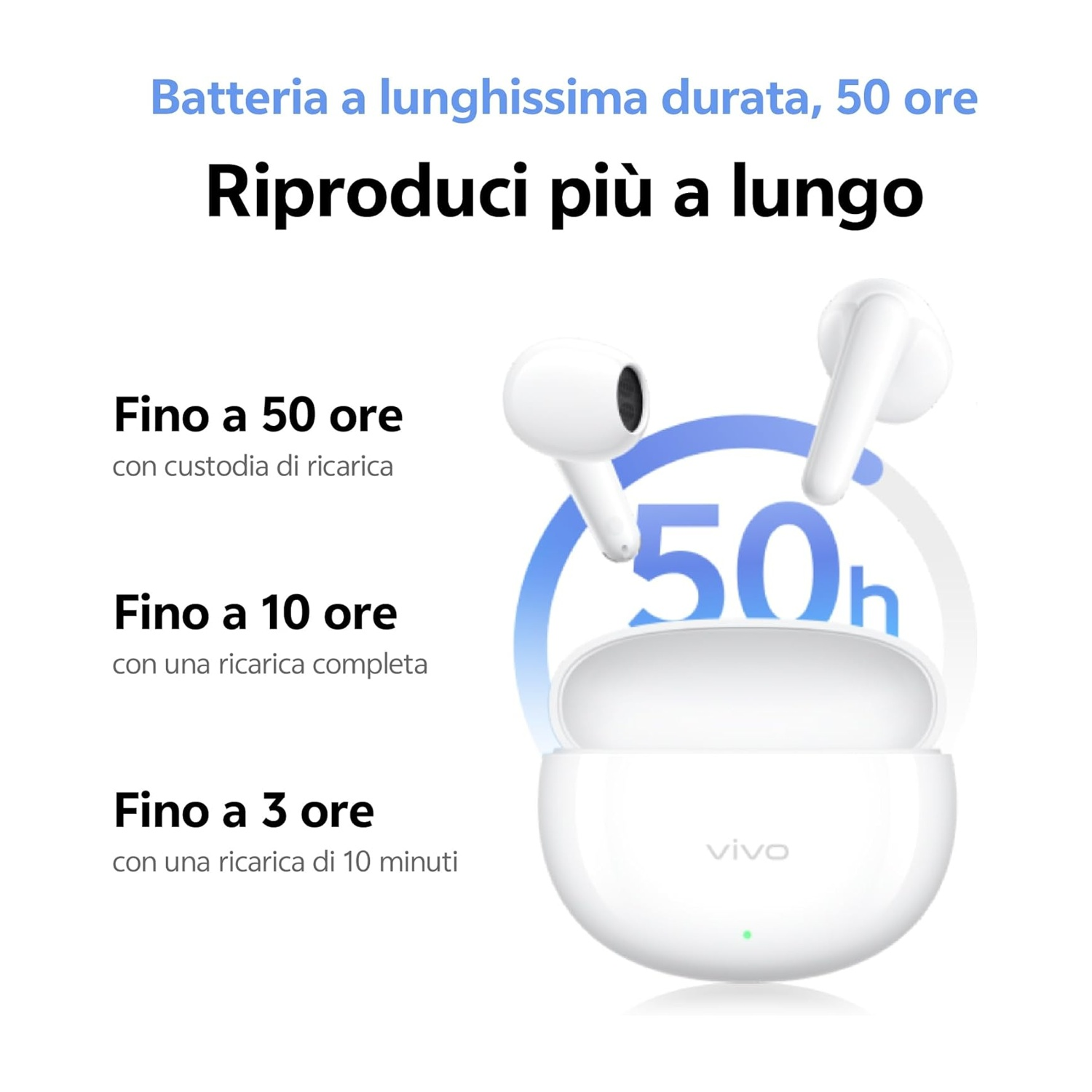 Auricolari bianchi Vivo con custodia di ricarica, 50 ore di batteria.