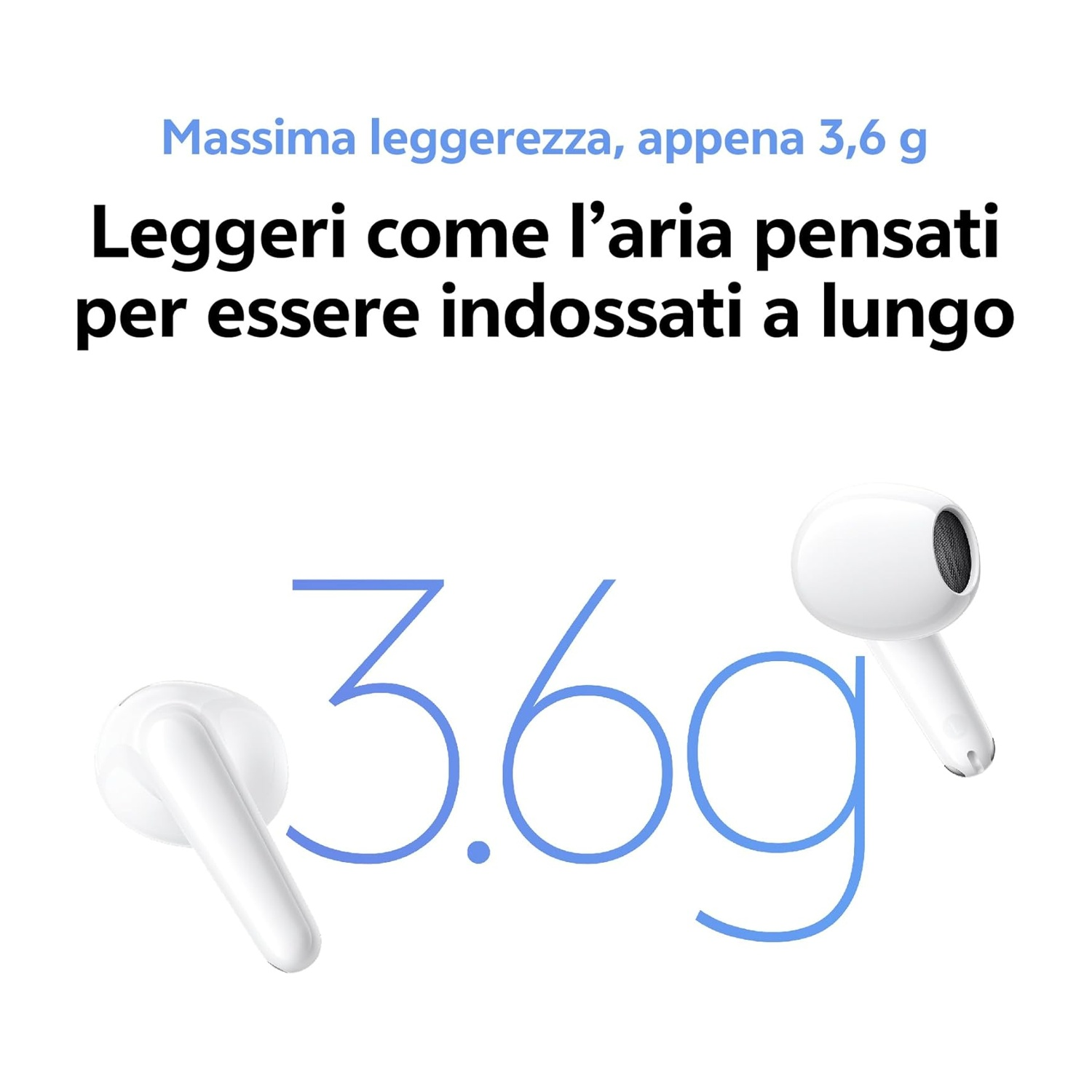 Auricolari bianchi con testo di 3,6g, che enfatizza la leggerezza.