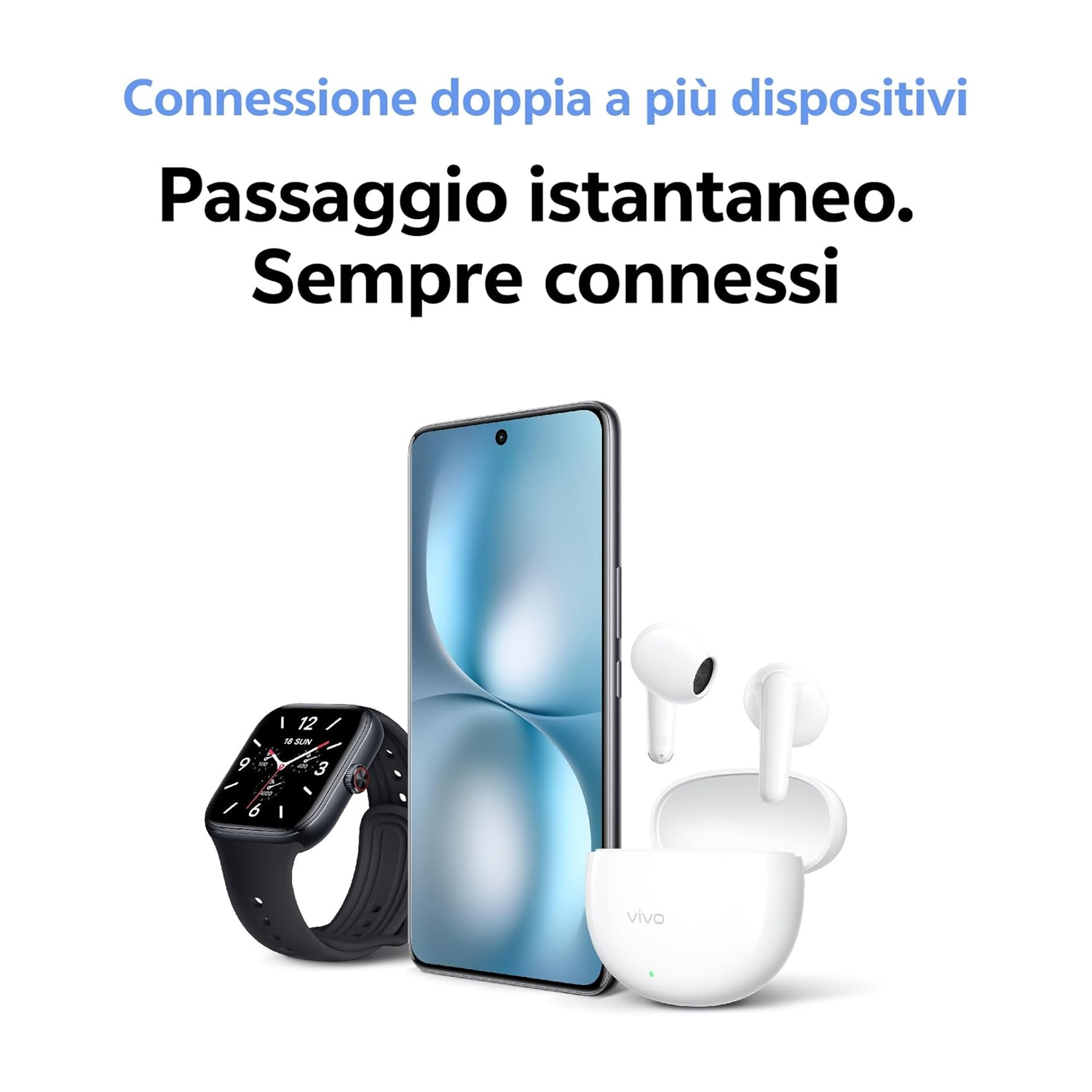 Uno smartphone, uno smartwatch e auricolari bianchi con custodia. Testo bianco.