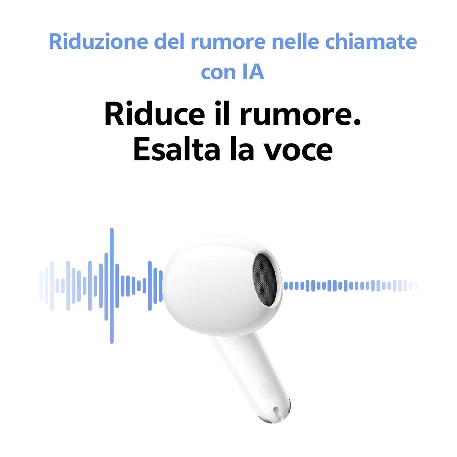 Auricolare bianco con onde sonore che indicano la riduzione del rumore.