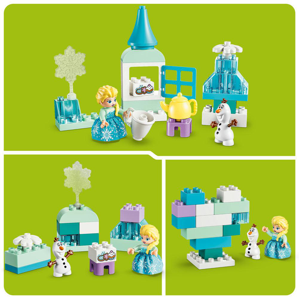 Bilder von Elsa und Olaf mit Bausteinen zum Erschaffen einer Burg und eines Schneemanns.