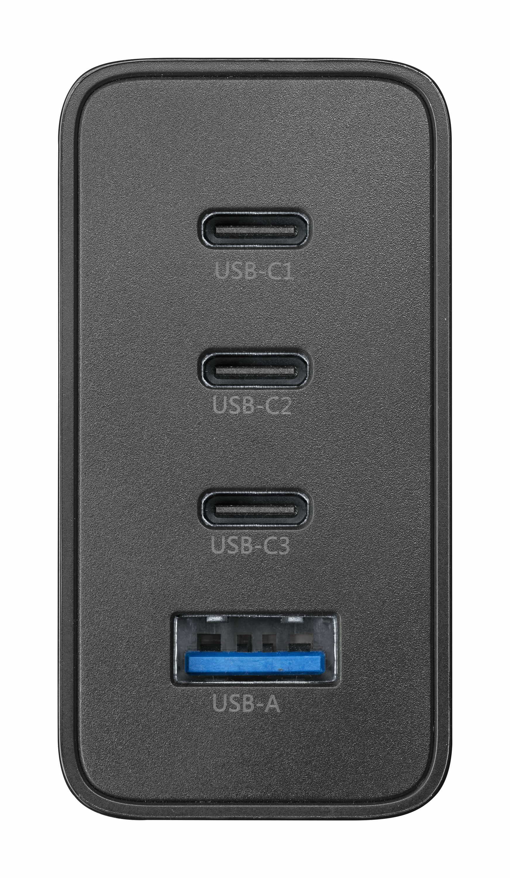 Cargador negro con tres puertos USB-C y un puerto USB-A.