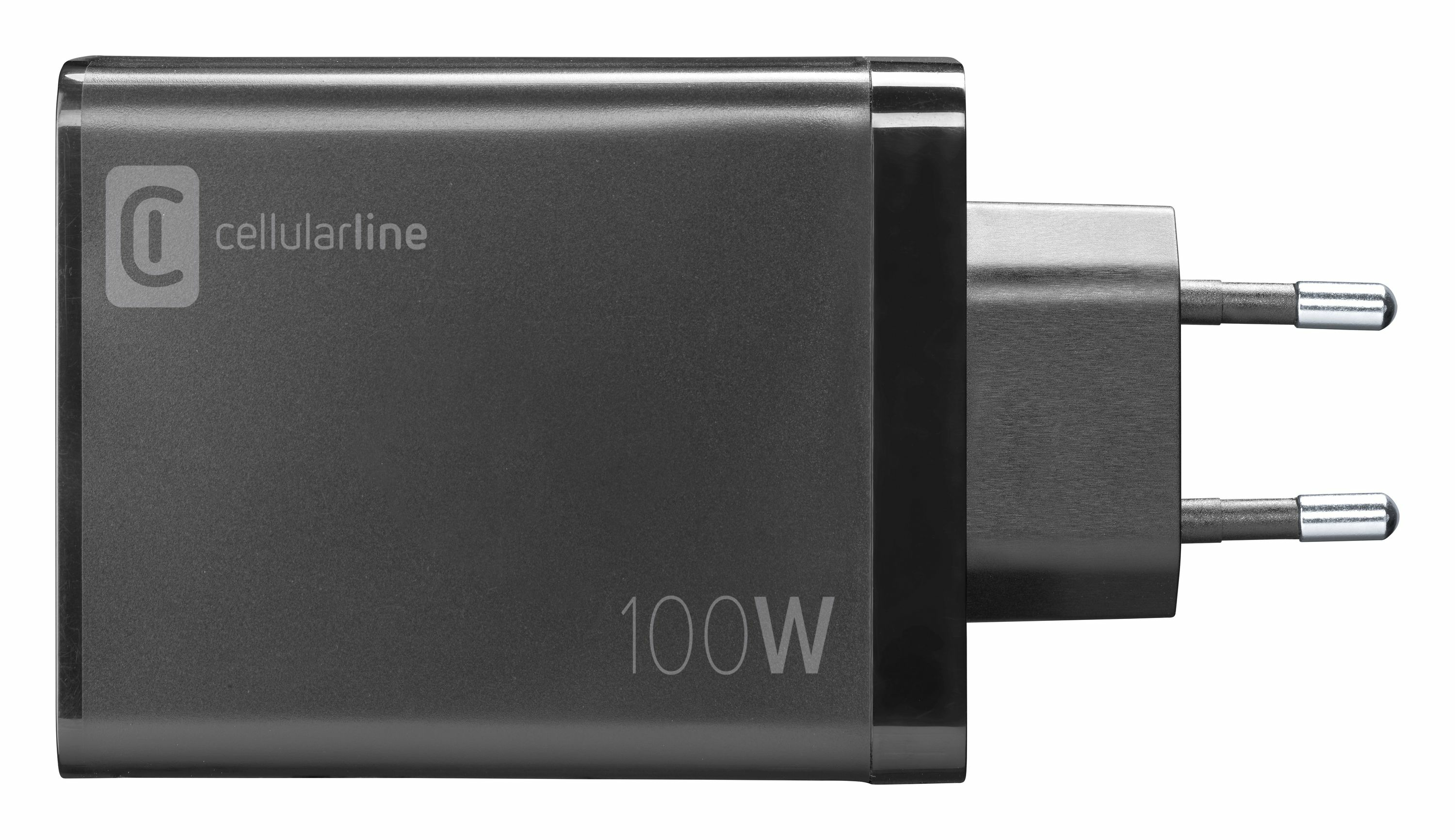 Adaptador de corriente Cellularline gris oscuro con marca de 100W y dos clavijas.