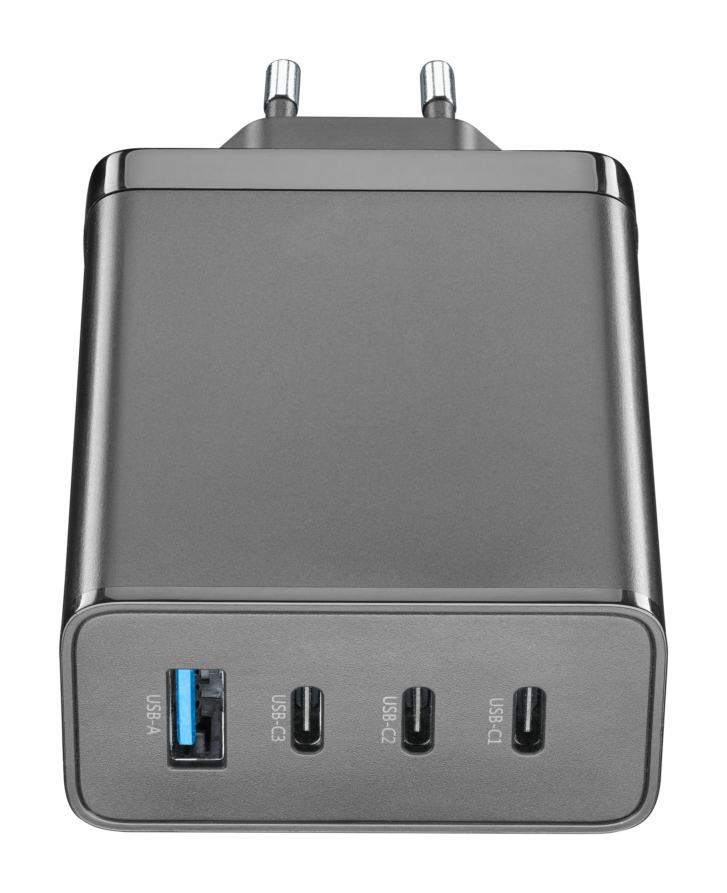 Adaptador de corriente gris con un puerto USB-A y tres USB-C.