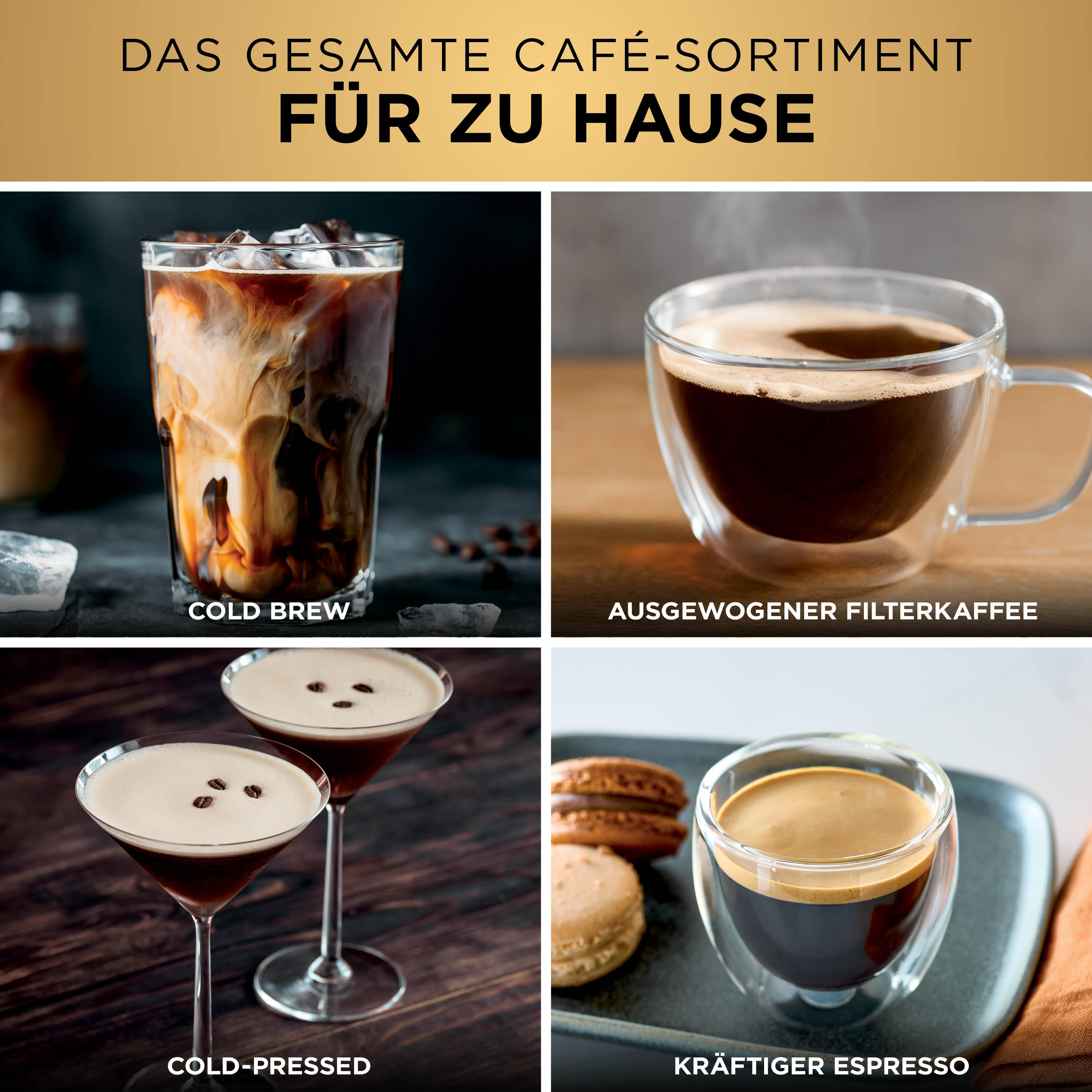 Vier Kaffeegetränke: Cold Brew, Filterkaffee, Cold-Pressed, Espresso.