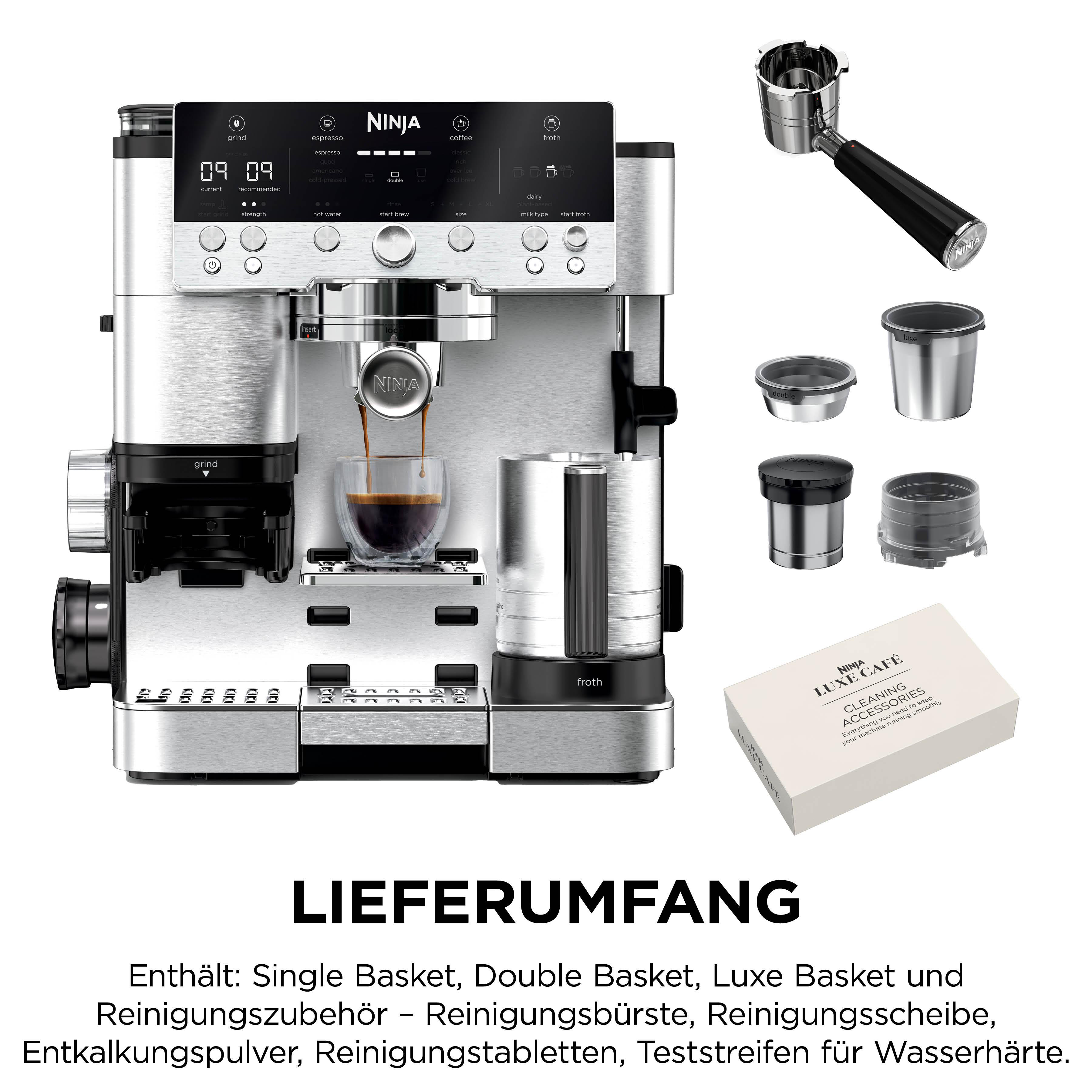 Ninja Kaffeevollautomat mit Zubehör: Siebträger, Körbe, Reinigungsset.