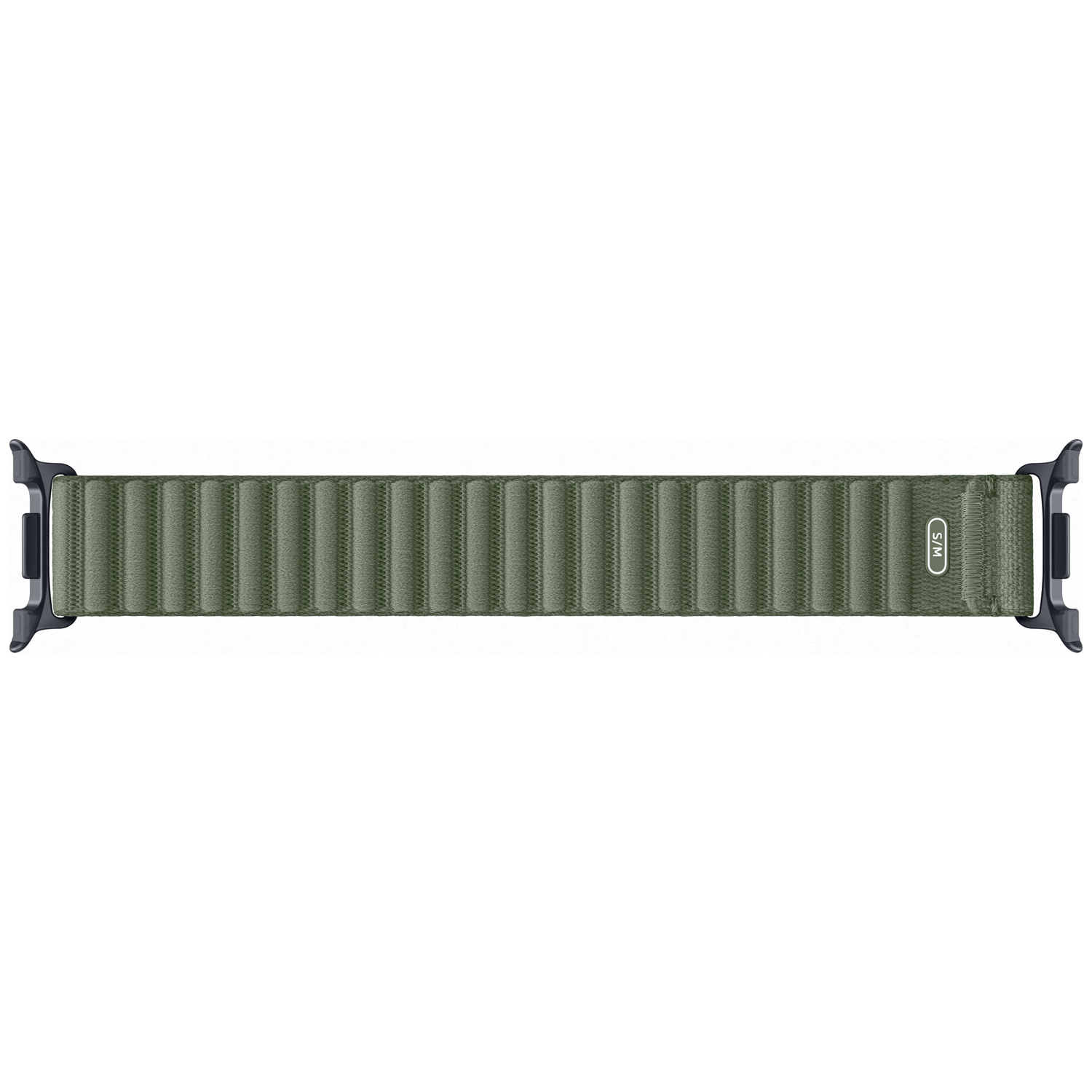 Bracelet de montre en tissu vert avec connecteurs noirs et indication S/M.