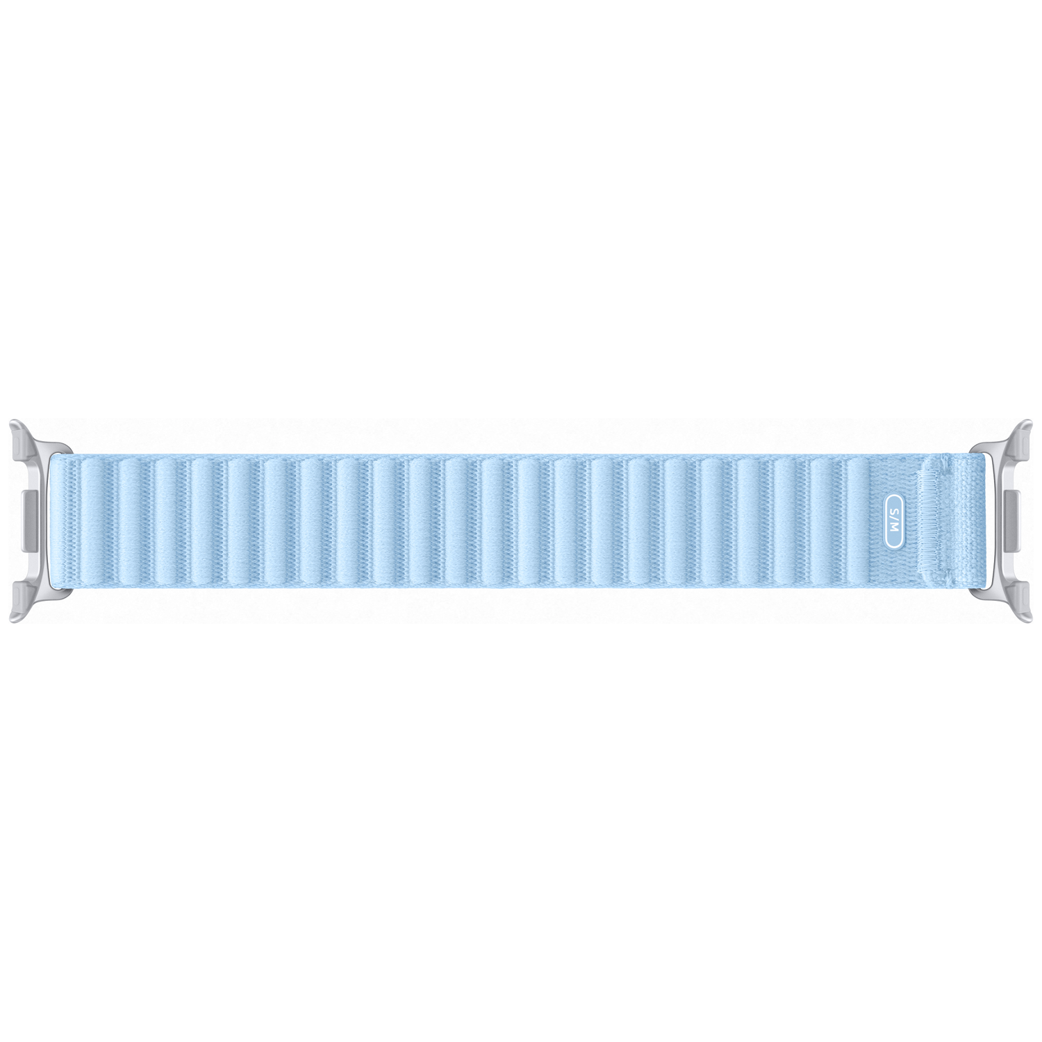 Un bracelet de montre bleu clair avec des connecteurs argentés et des plis verticaux.
