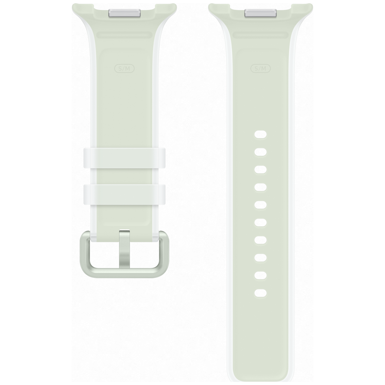 Deux bracelets de montre connectée de couleur claire, un avec boucle, l'autre avec trous.