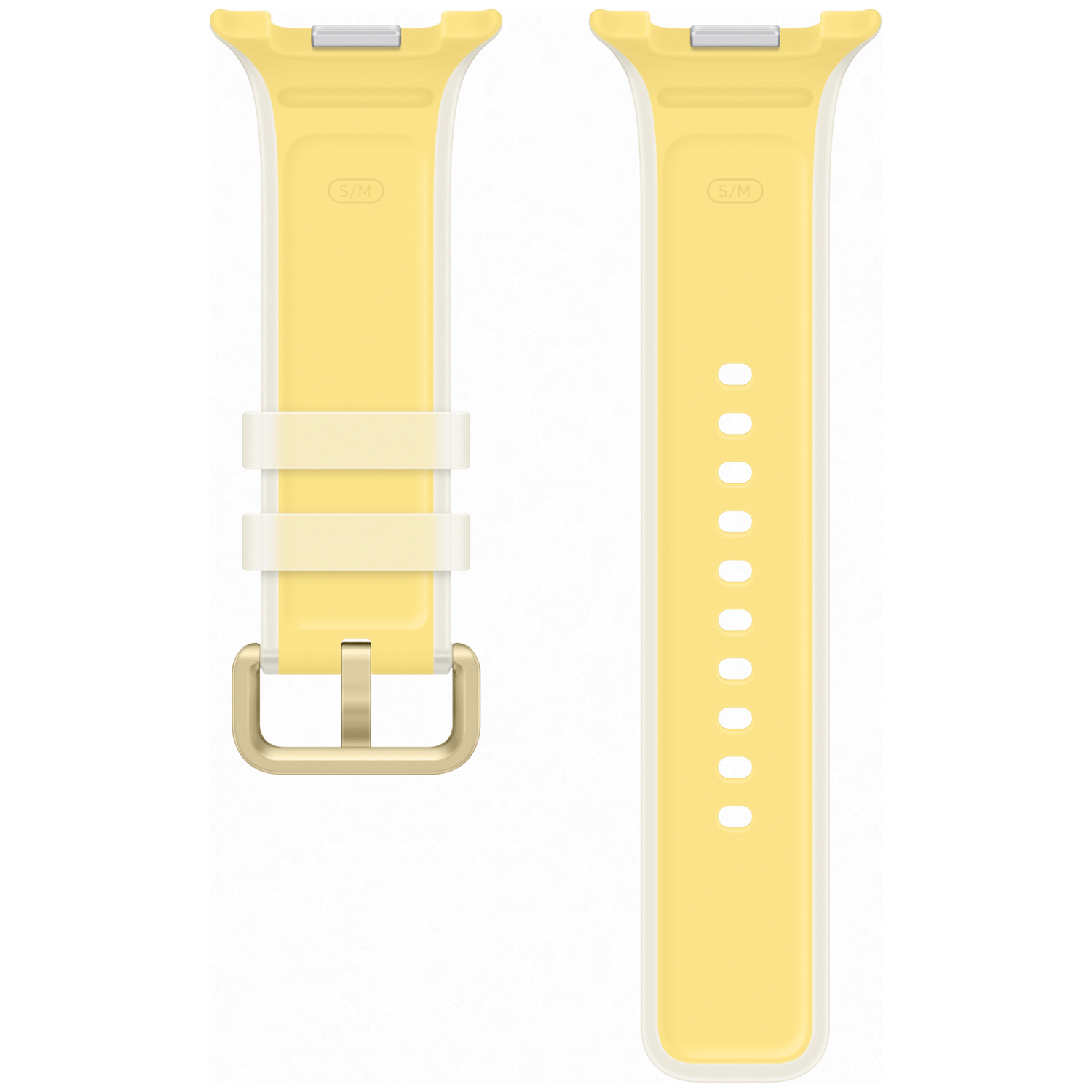 Deux bracelets de montre jaunes à bords blancs, un avec boucle, l'autre avec trous.
