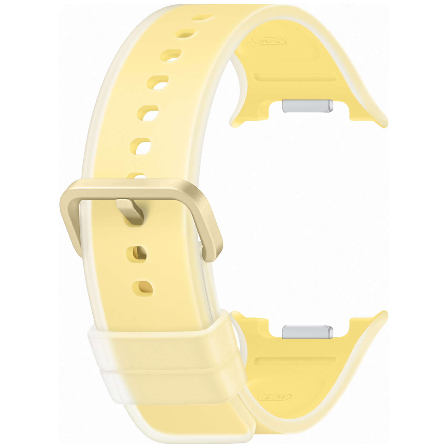 Un bracelet de montre jaune pâle avec boucle et passant argentés.