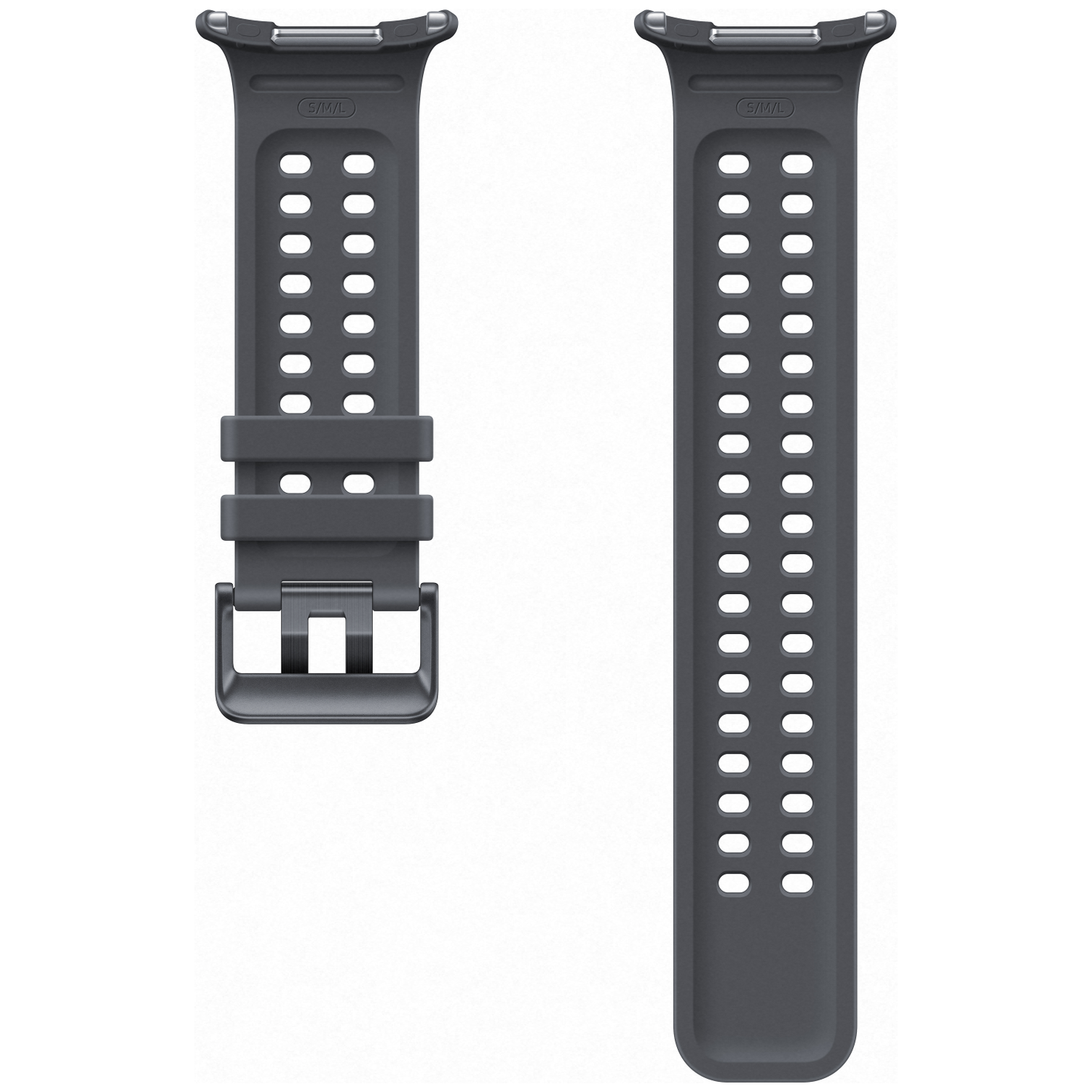 Deux bracelets de montre gris avec des trous, un avec boucle.