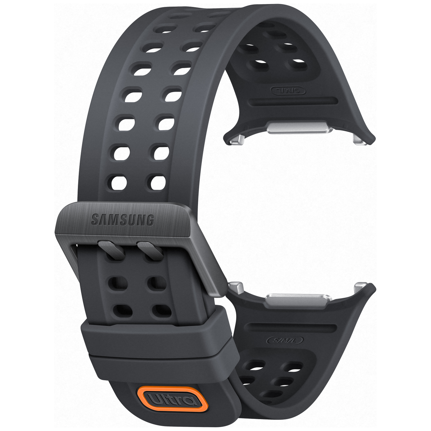 Bracelet de montre Samsung gris foncé avec trous de ventilation et marquage orange "Ultra".