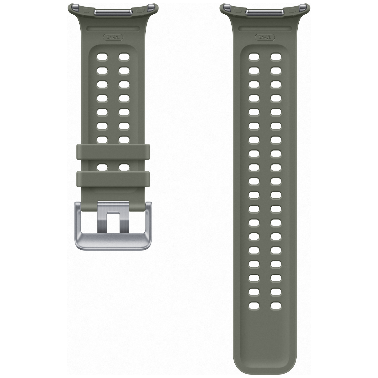 Deux bracelets de montre verts avec trous d'aération et boucle métallique.