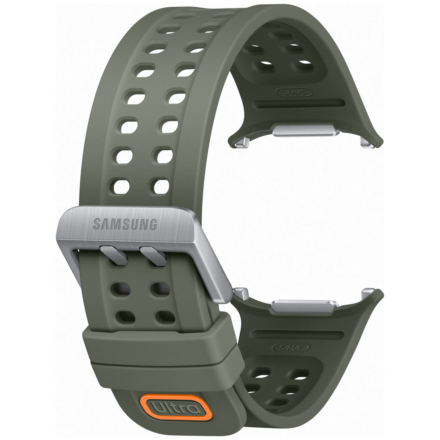 Un bracelet de montre Samsung vert foncé avec boucle argentée et détail orange "Ultra".