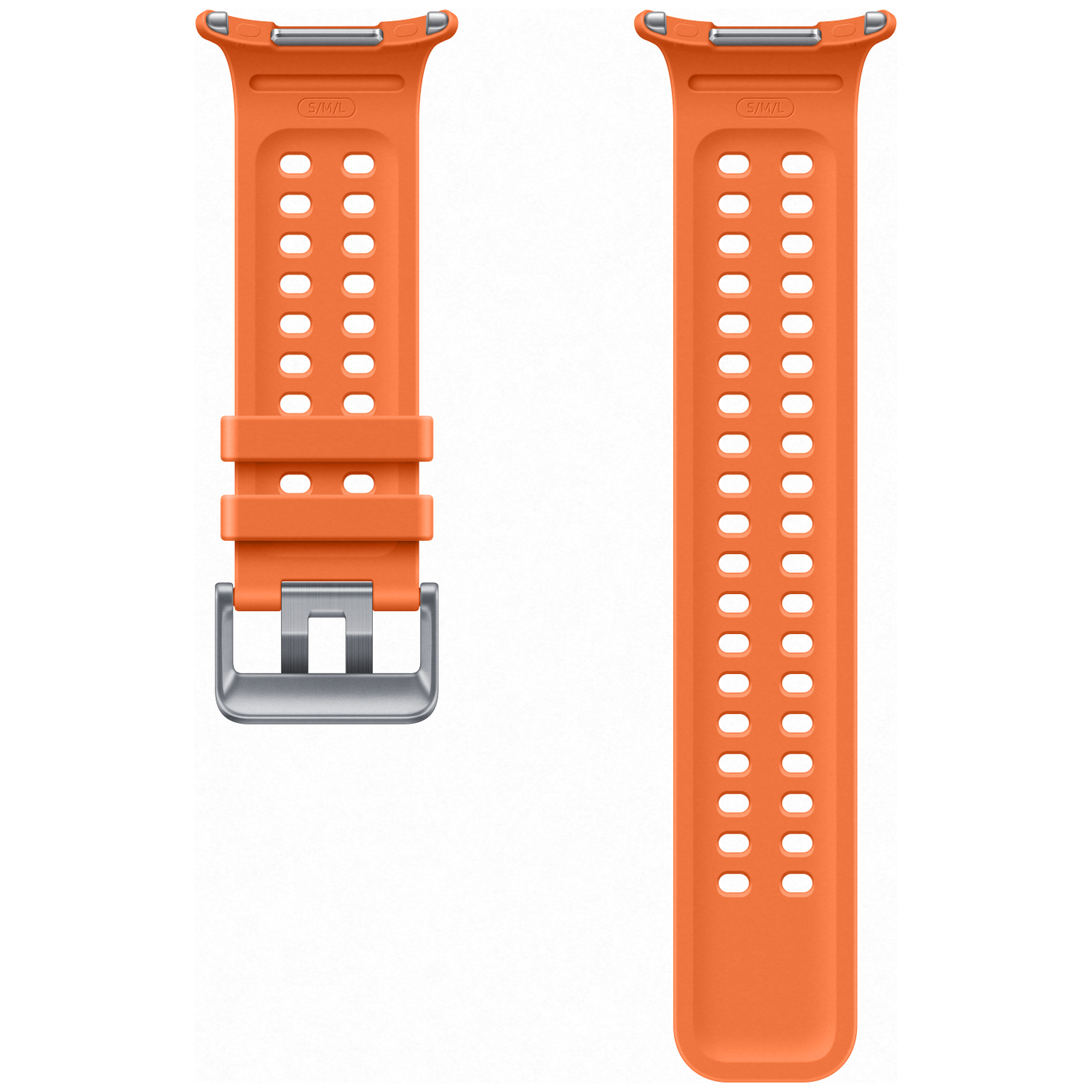 Twee oranje horlogebandjes met zilveren gesp en veel kleine gaatjes.