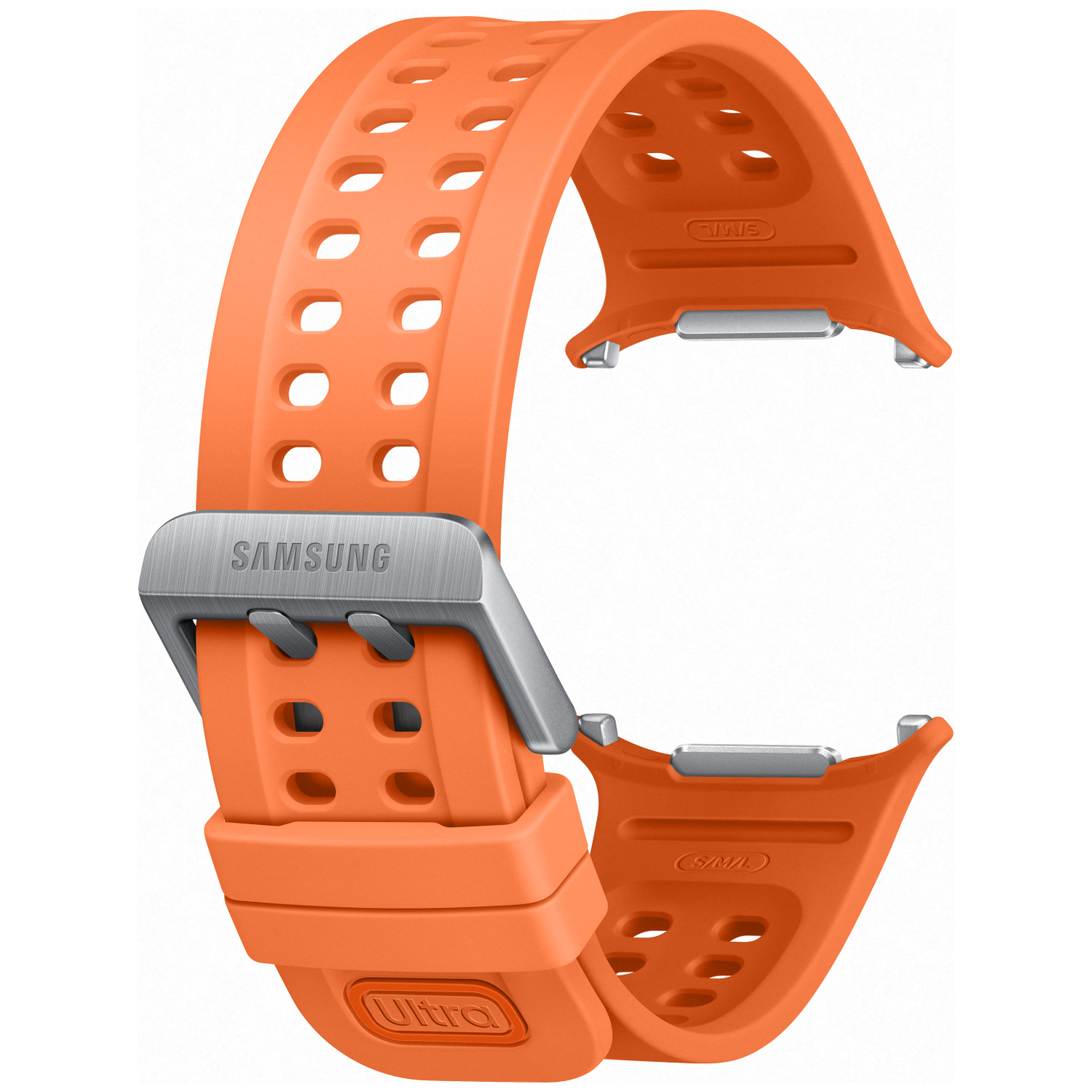 Een oranje Samsung horlogeband met ventilatiegaten en metalen gesp.