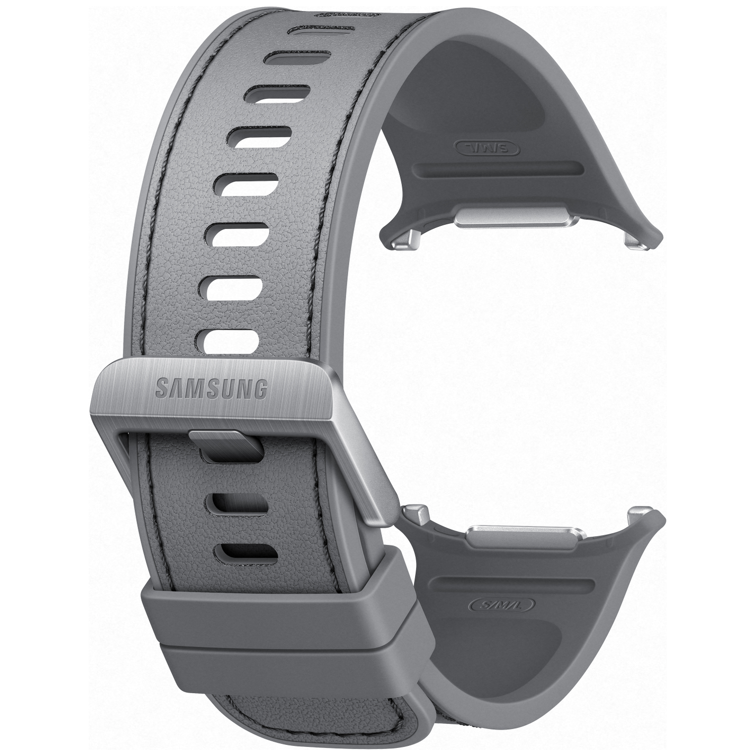 Bracelet de montre Samsung gris avec boucle et cornes en métal.