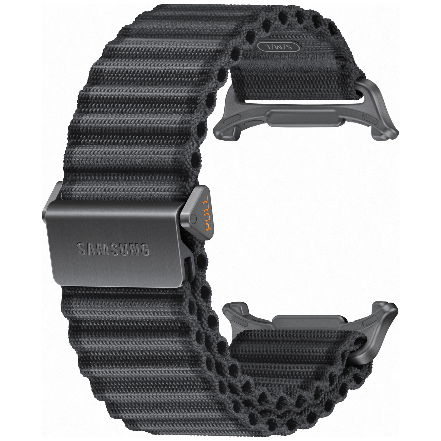 Un bracelet de montre Samsung gris foncé en tissu tissé avec connecteurs métalliques.