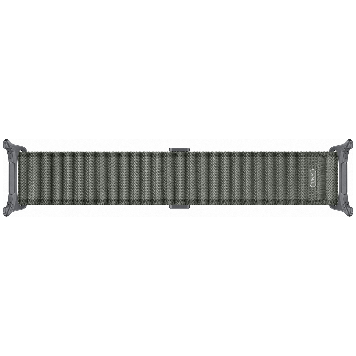 Bracelet de montre tissé gris avec fermeture à boucle et connecteurs gris.