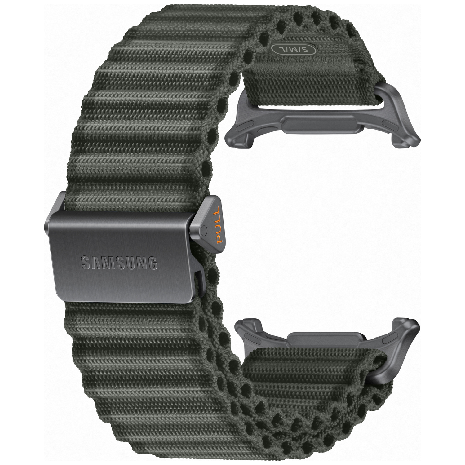 Bracelet Samsung gris foncé en tissu avec fermoir métallique.