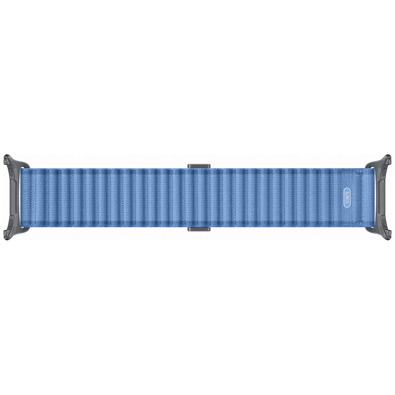 A blue fabric watch band with gray connectors and S/M marking.