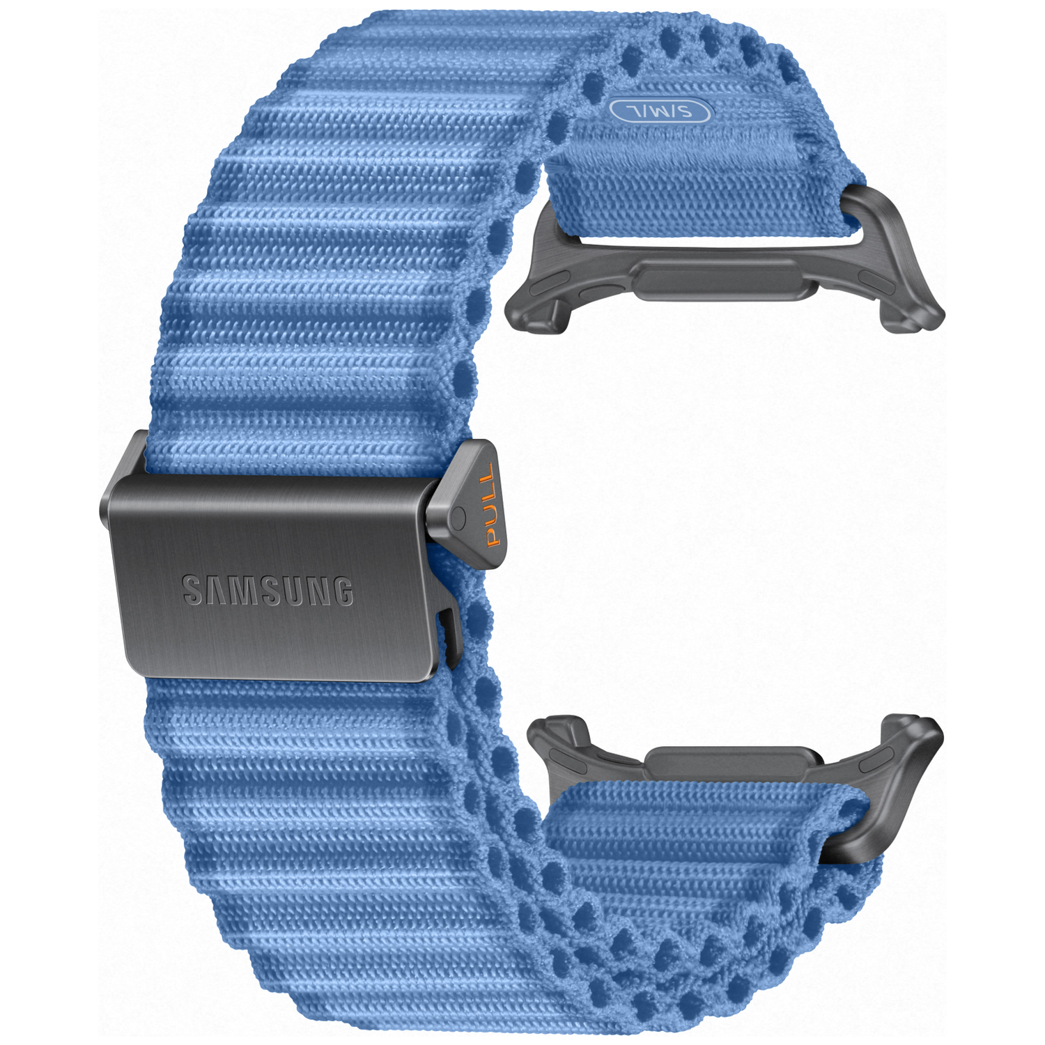 Blue Samsung watch band with loop design and dark connectors, S/M size.