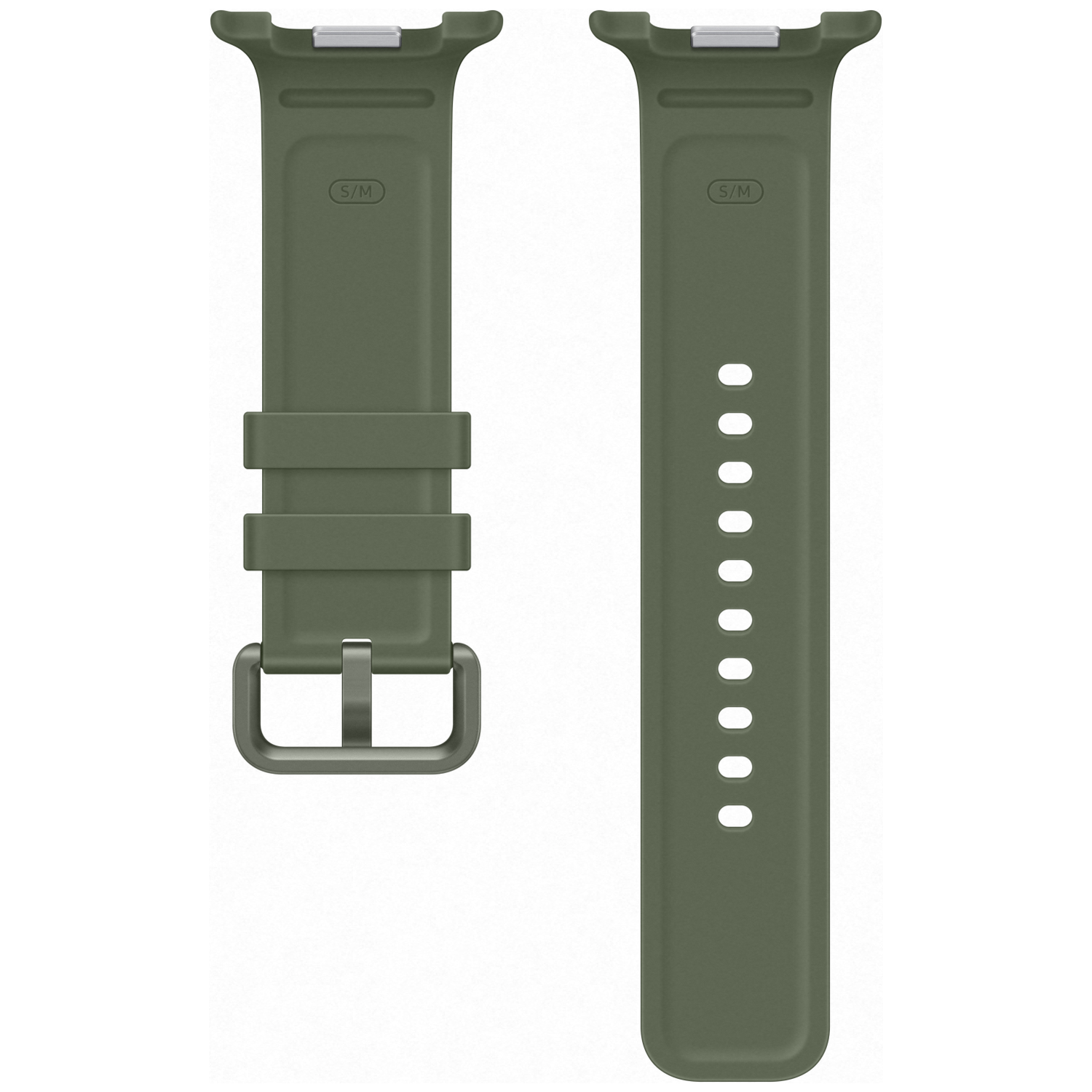 Two green watch bands side-by-side, one with buckle, one with holes.