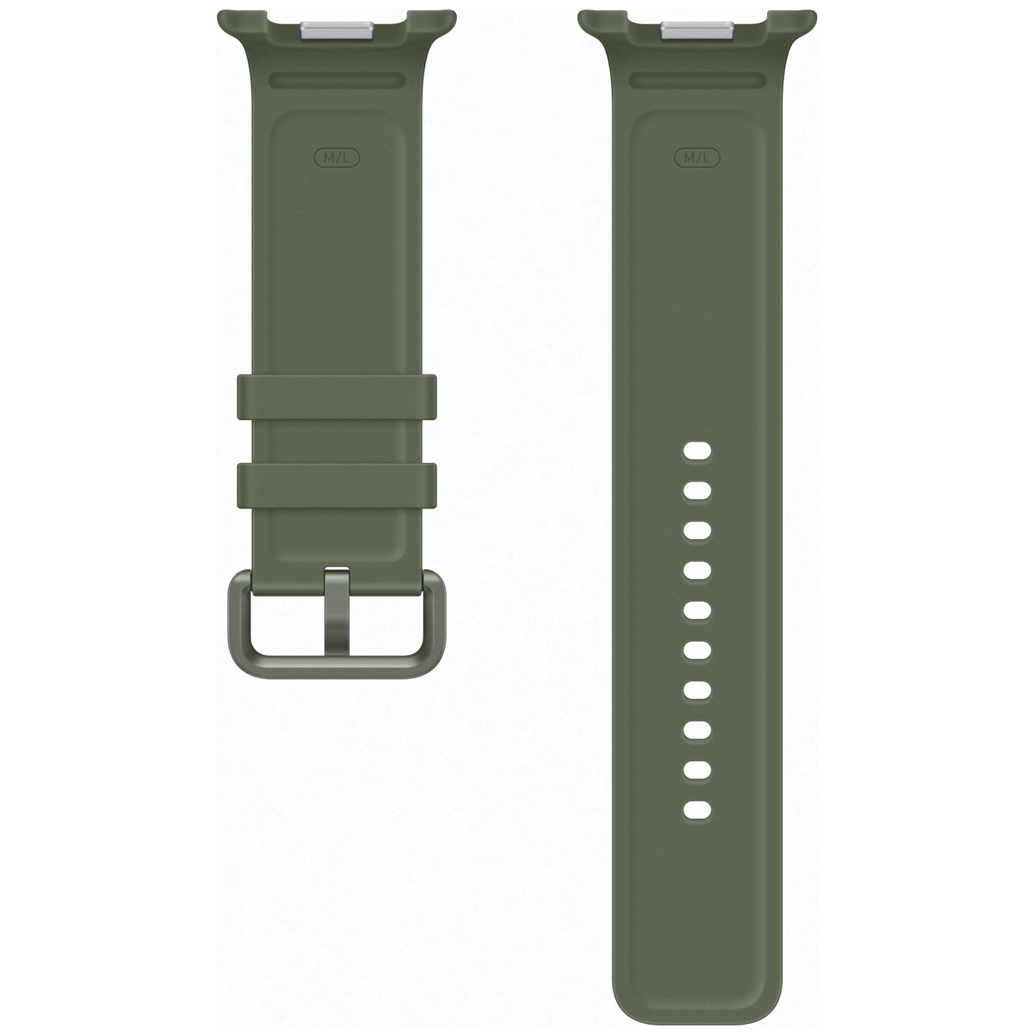 Two green watch bands, one with a buckle, the other with holes.