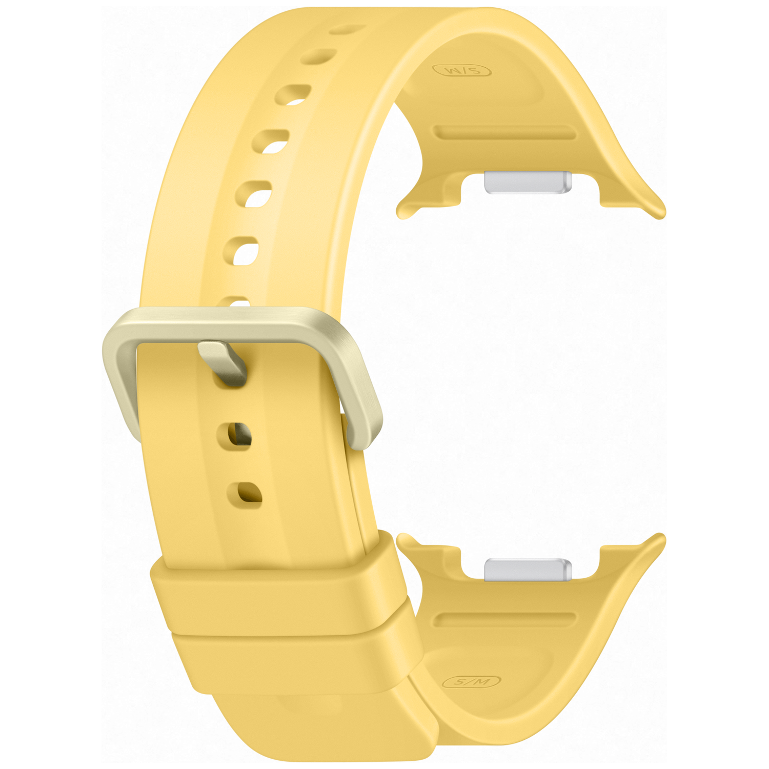 Un bracelet de montre jaune avec boucle et trous.