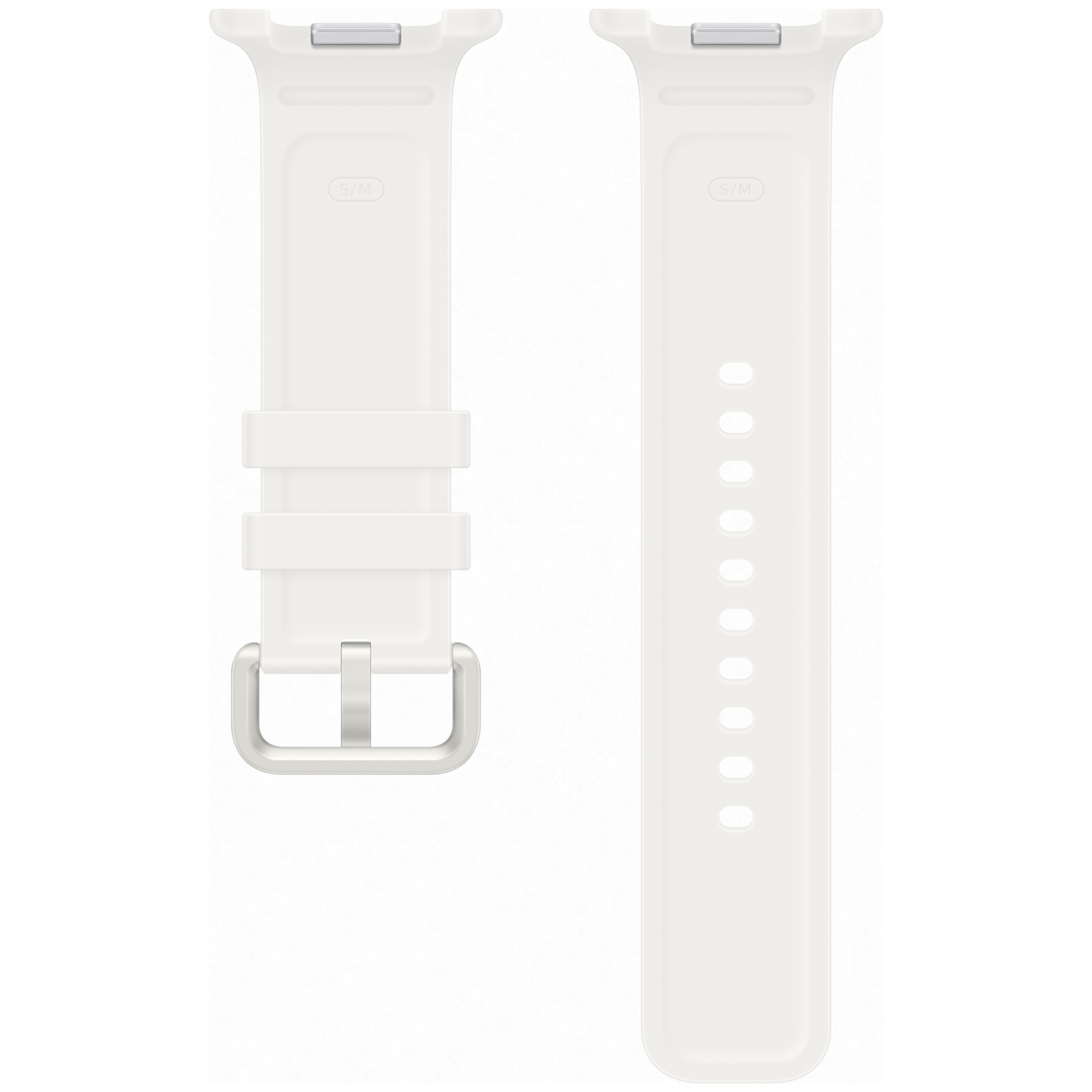 Un bracelet de montre blanc avec boucle et trous sur fond blanc.