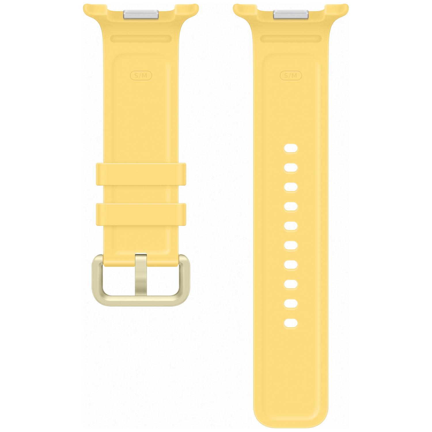 Deux bracelets de montre jaunes avec boucle argentée et marque S/M.