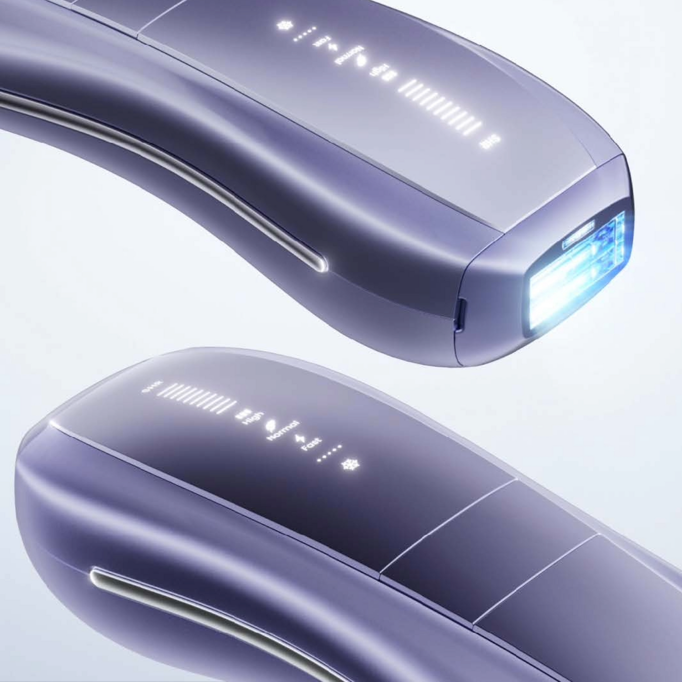 Lila IPL szőrtelenítő készülék világító hegyével és digitális kijelzőjével.