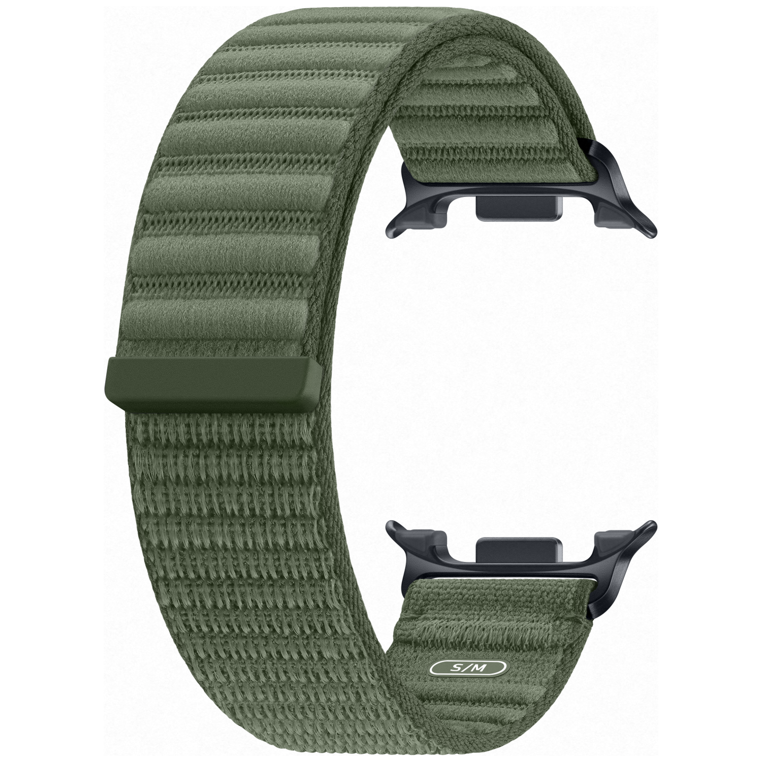 Un bracelet de montre côtelé vert olive avec connecteurs noirs.