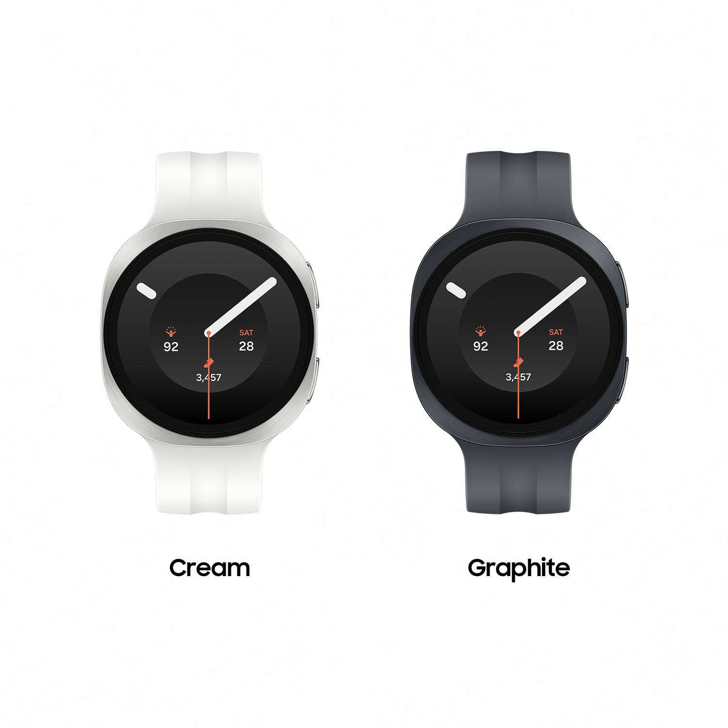 Zwei Smartwatches nebeneinander: eine in Creme, die andere in Graphit.